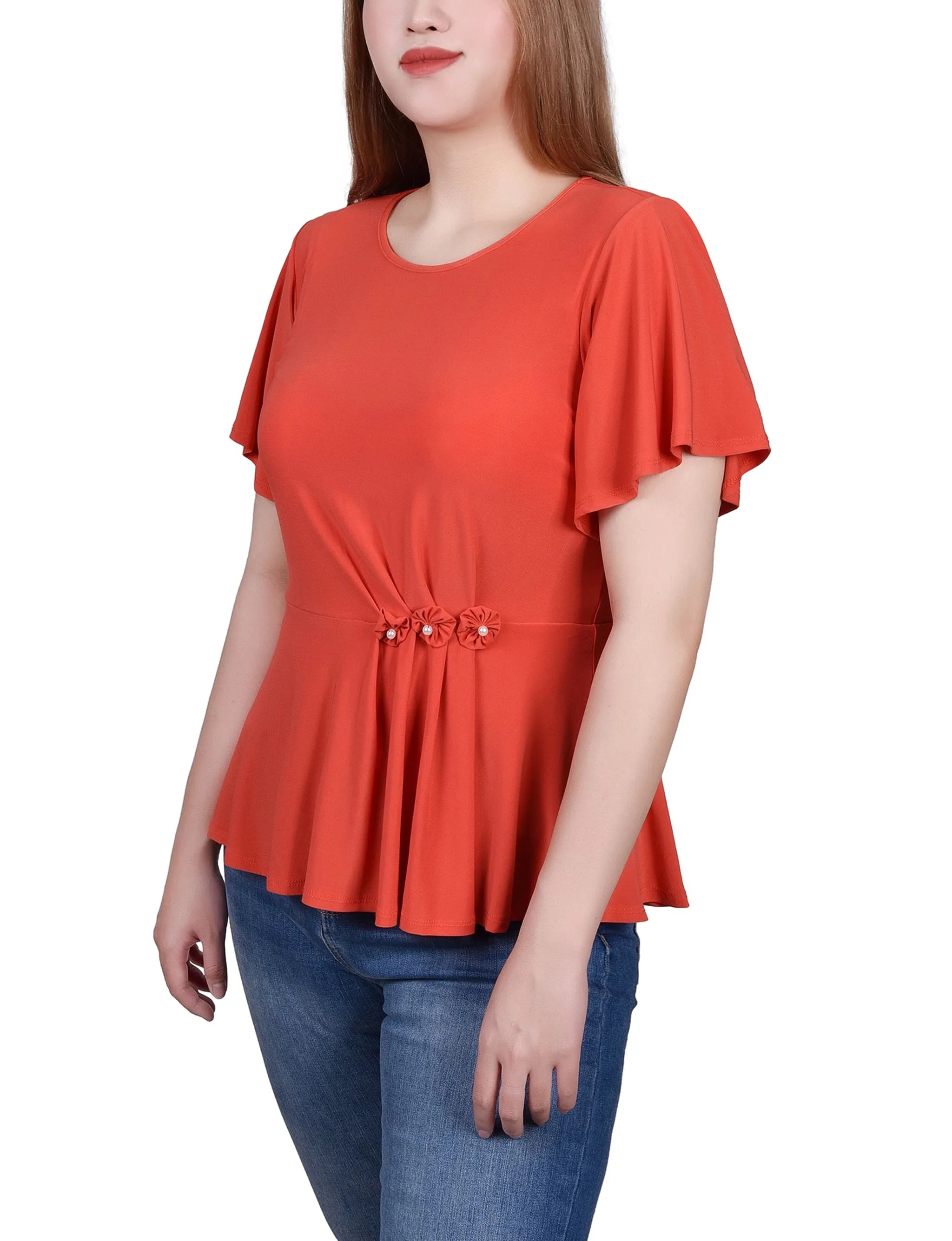 Petite Flutter Sleeve Flower-Detail Top