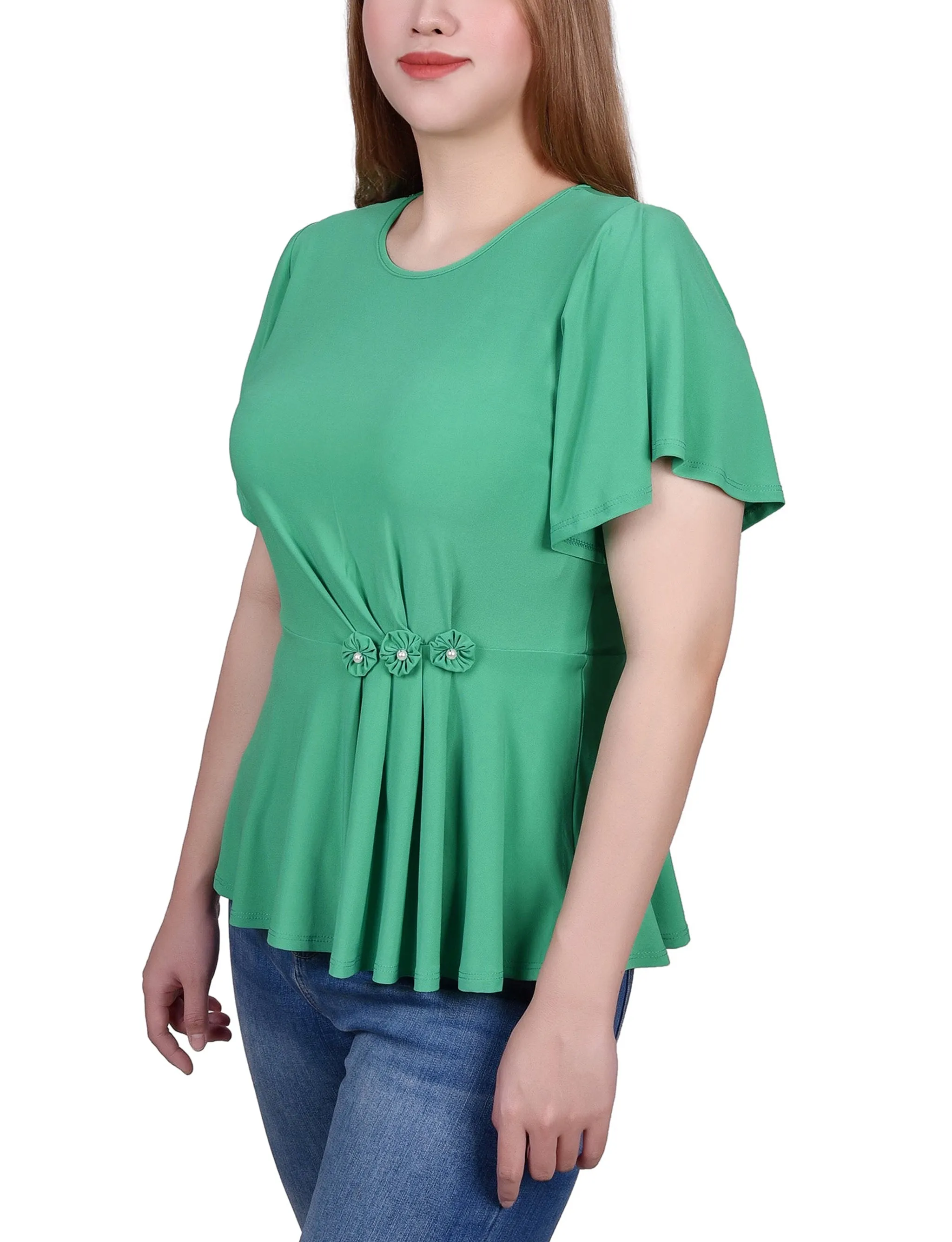 Petite Flutter Sleeve Flower-Detail Top