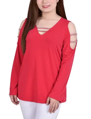 Petite Long Sleeve Knit Crepe Rhinestone Top