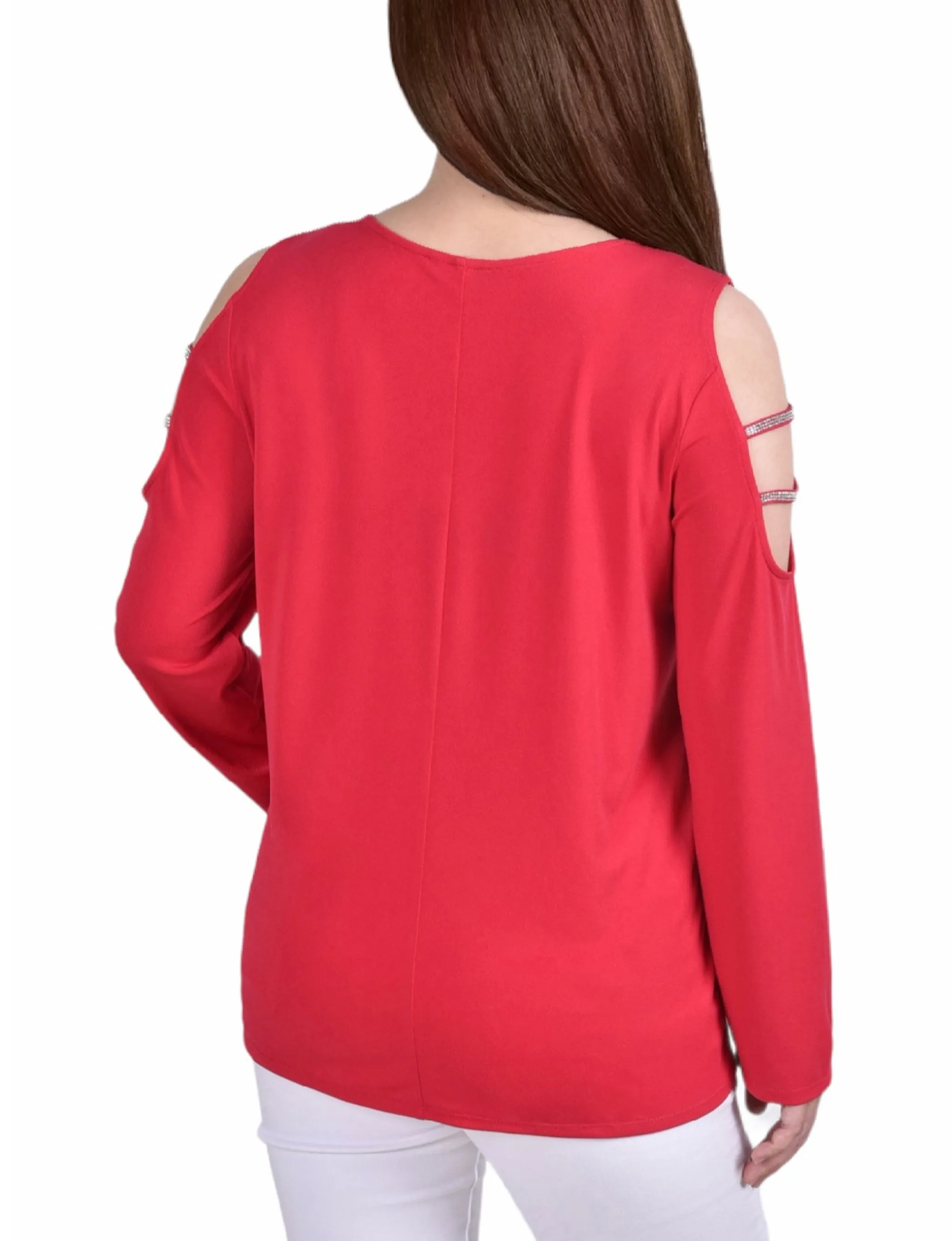 Petite Long Sleeve Knit Crepe Rhinestone Top