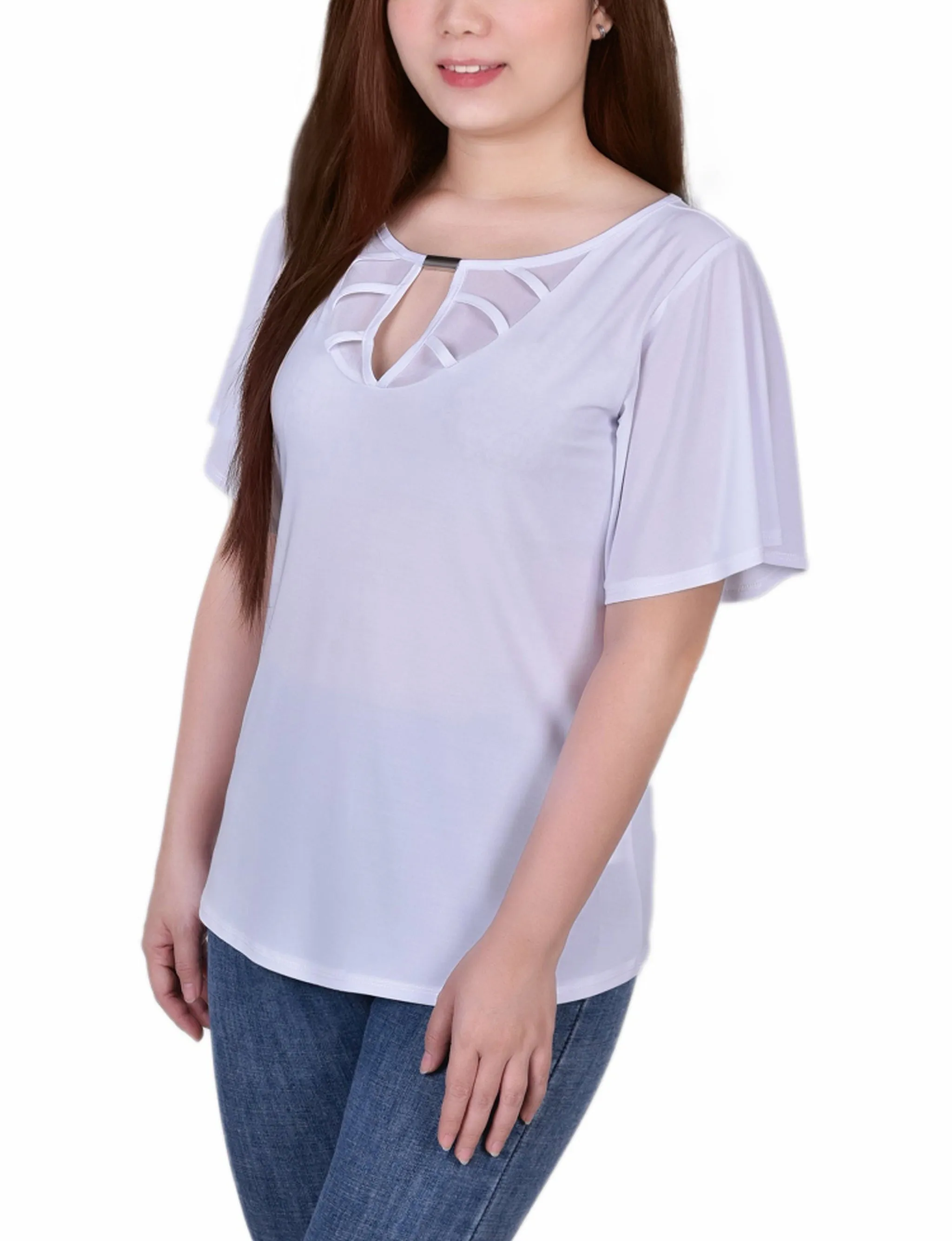 Petite Mesh Flutter Sleeve Knit Top