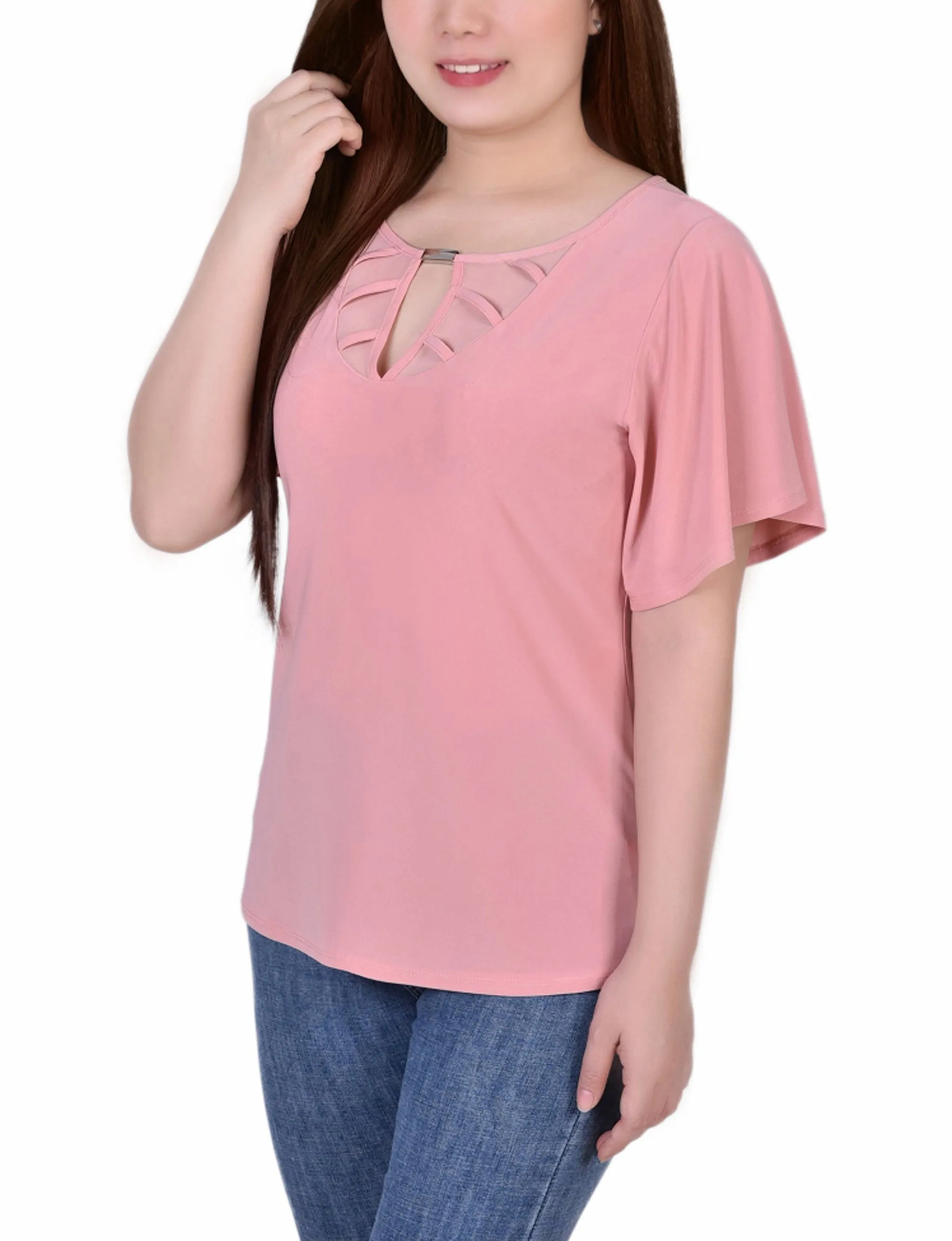 Petite Mesh Flutter Sleeve Knit Top