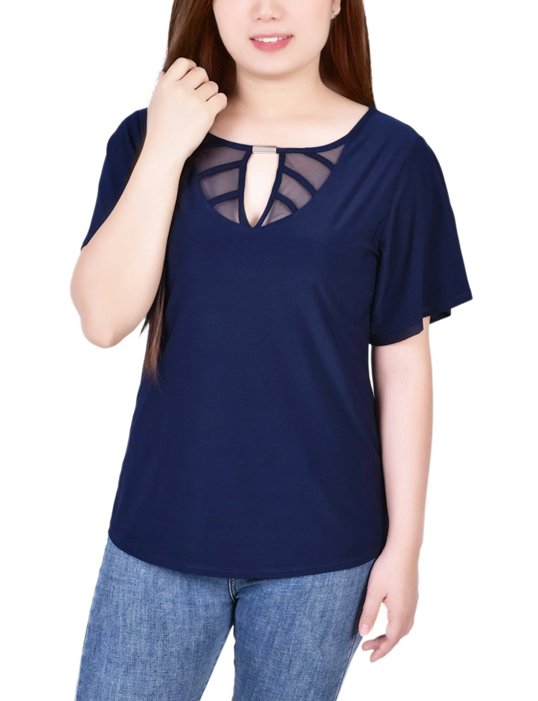 Petite Mesh Flutter Sleeve Knit Top