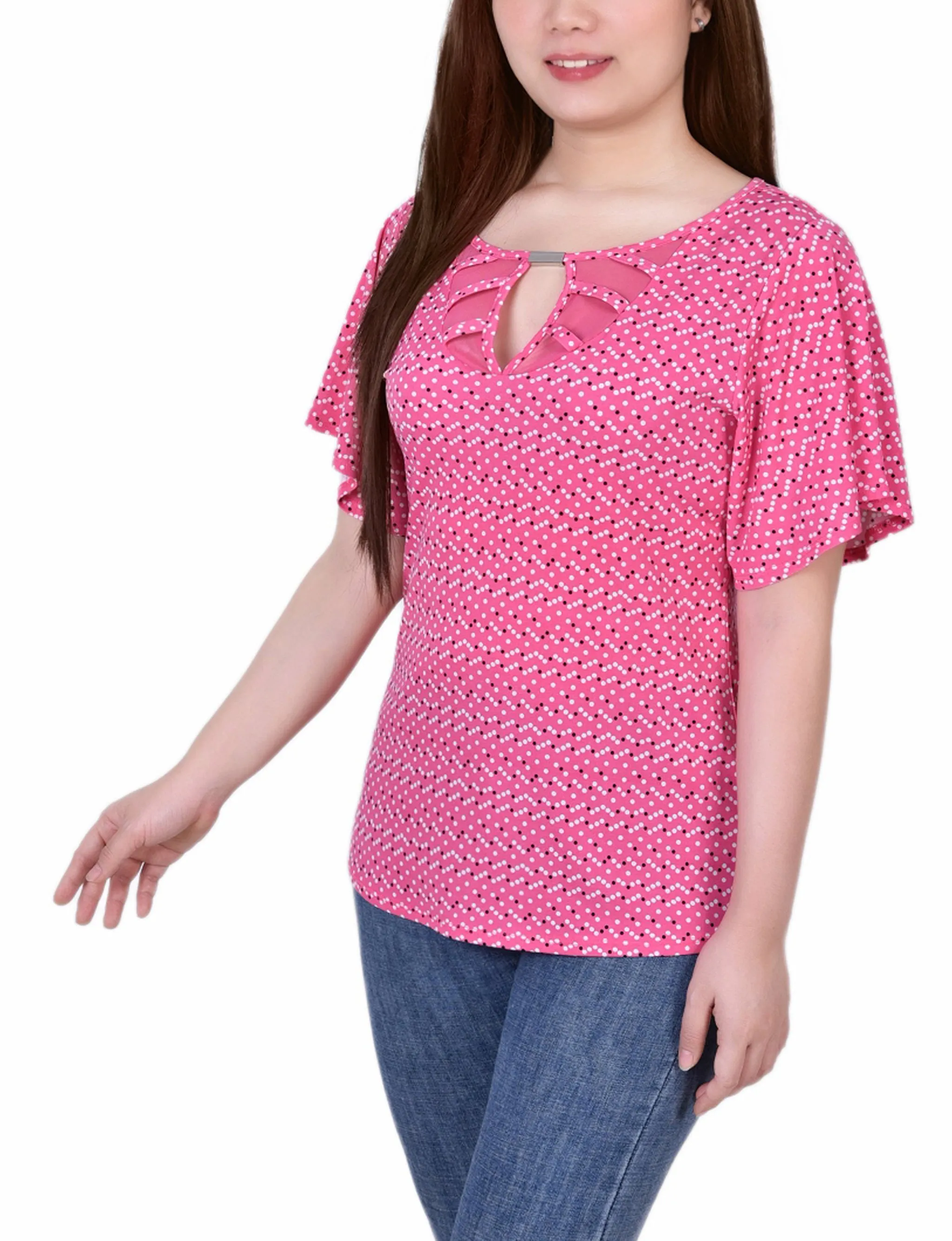 Petite Mesh Flutter Sleeve Knit Top