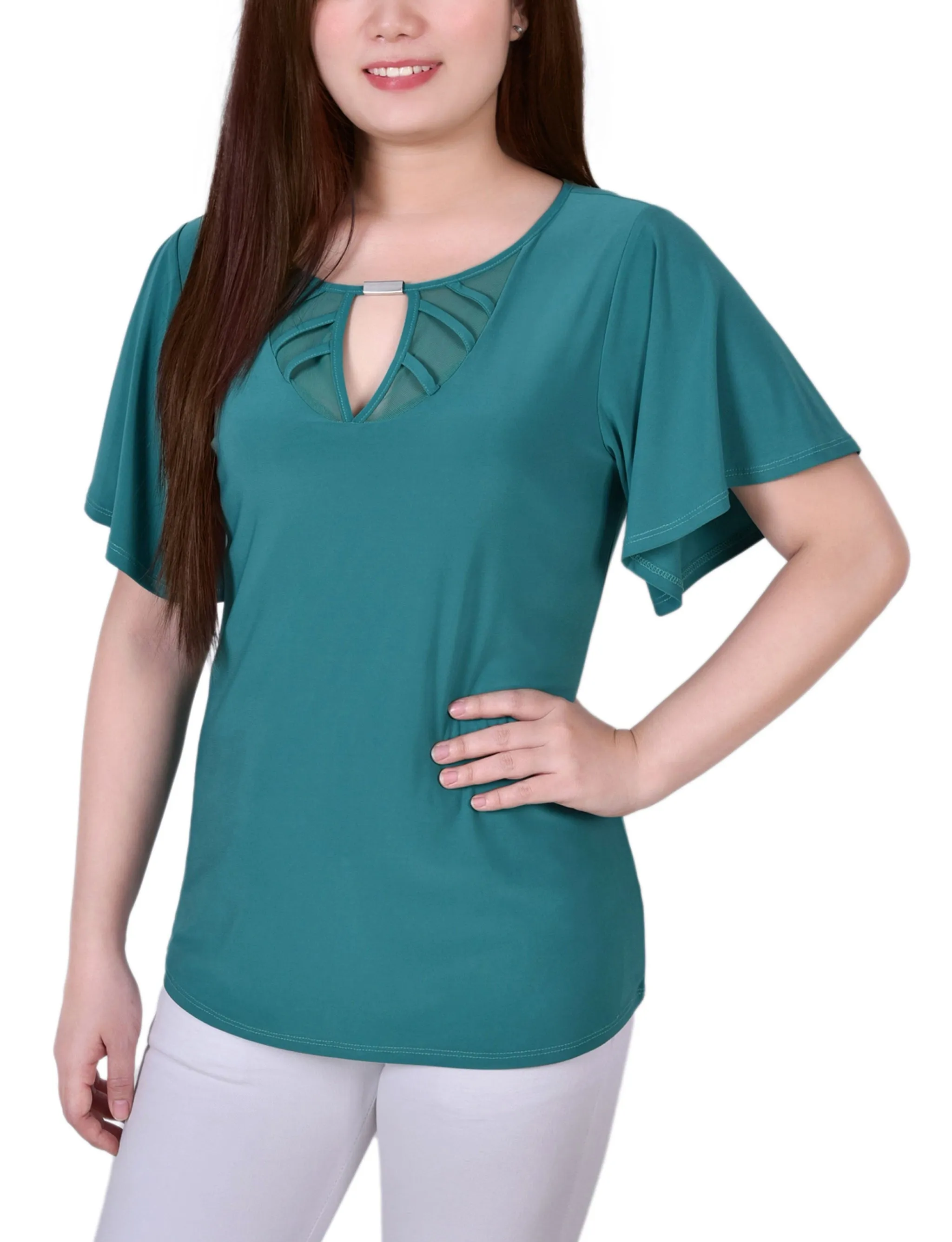 Petite Mesh Flutter Sleeve Knit Top