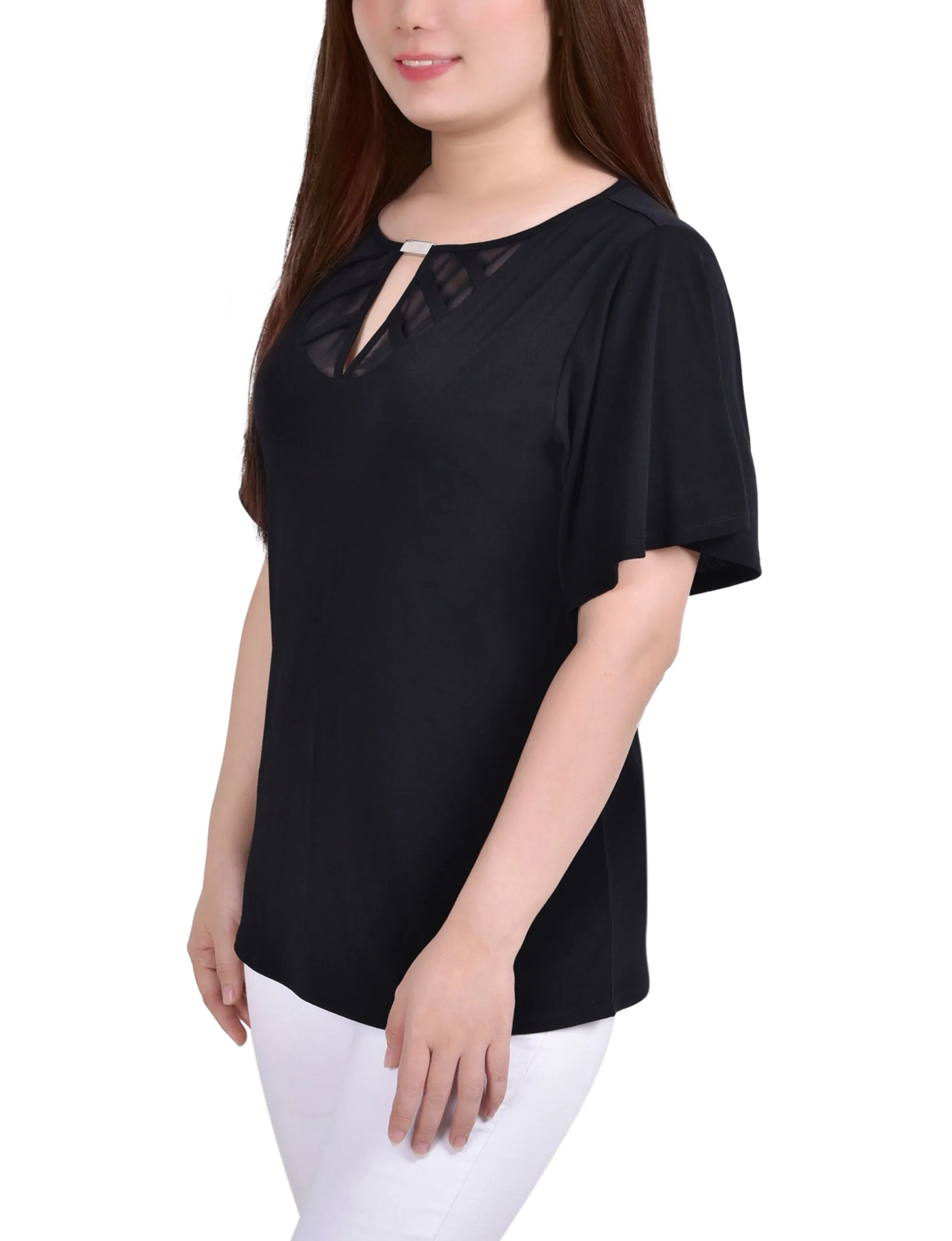 Petite Mesh Flutter Sleeve Knit Top