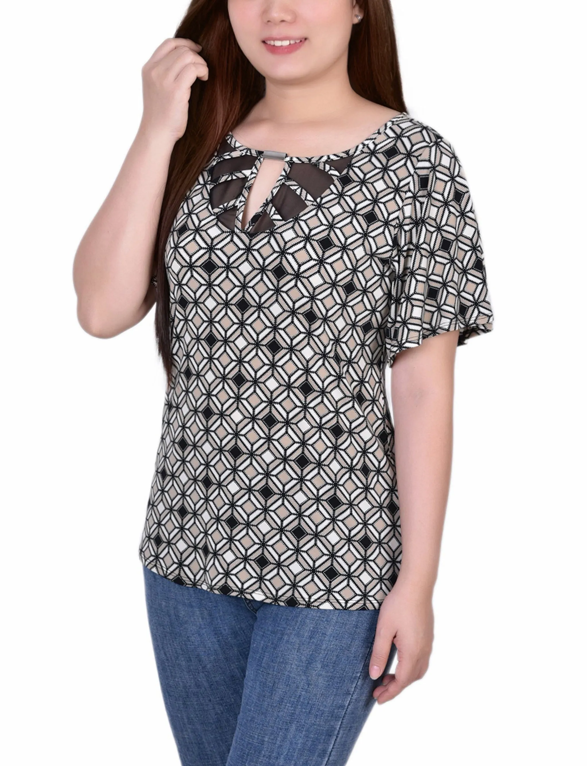 Petite Mesh Flutter Sleeve Knit Top