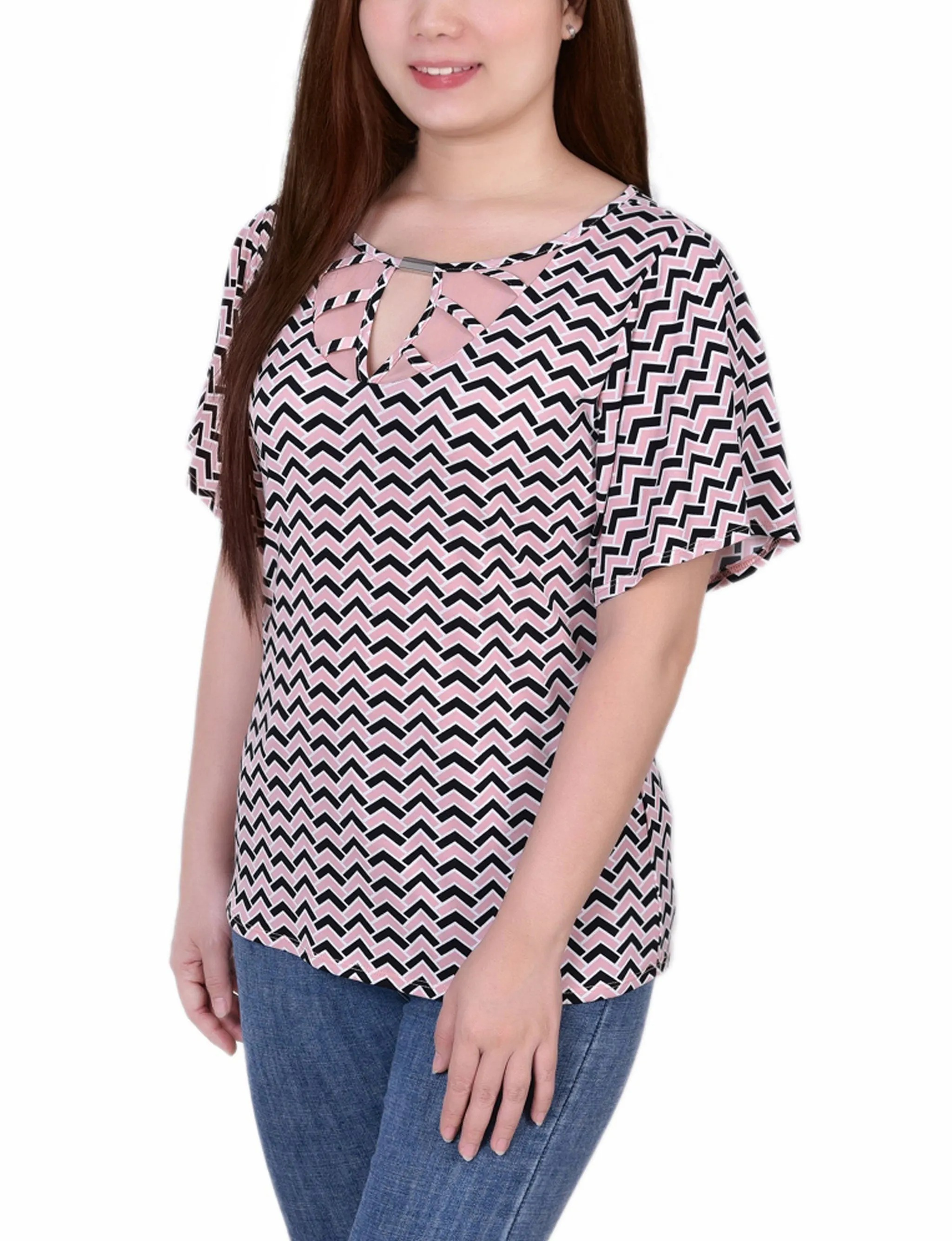Petite Mesh Flutter Sleeve Knit Top