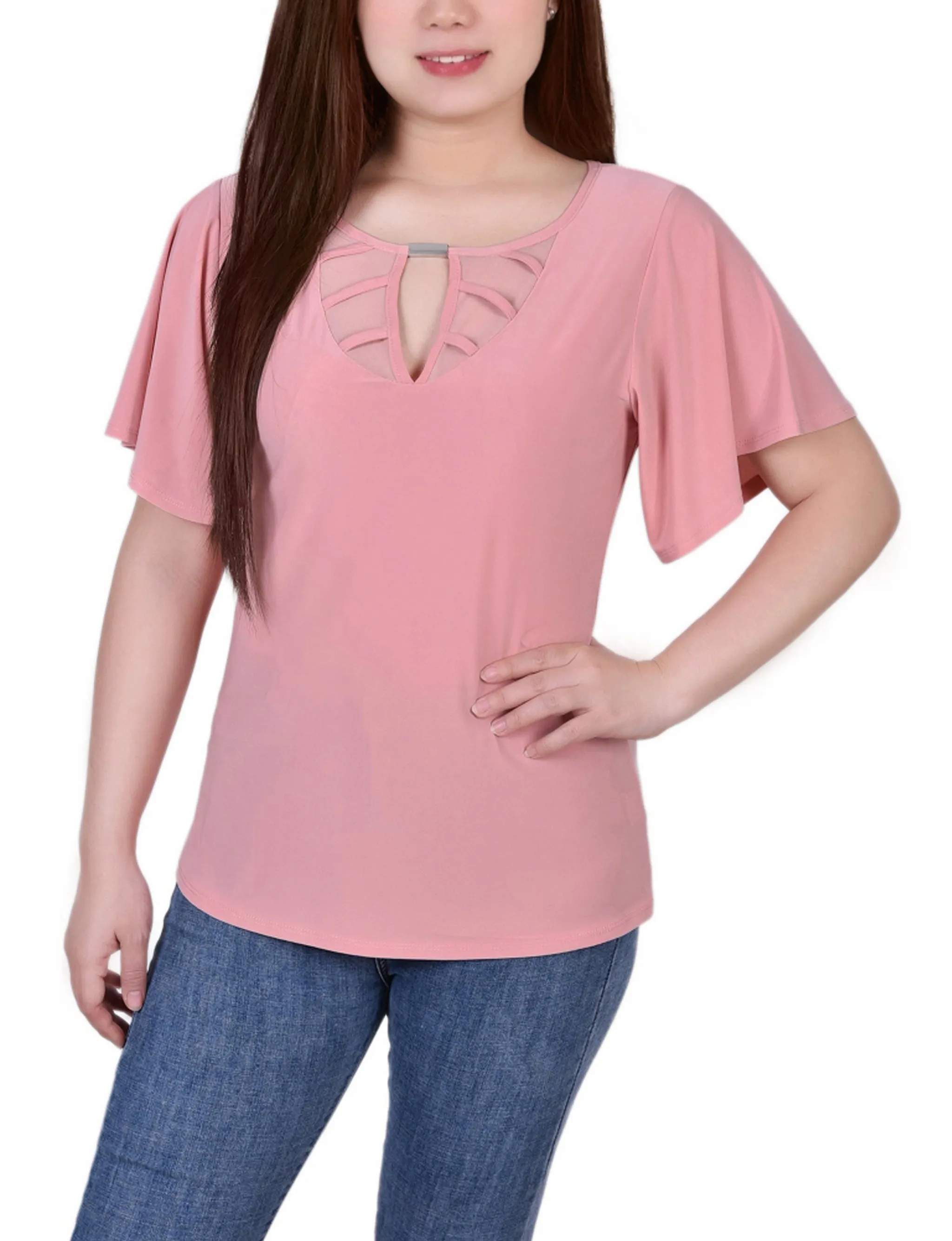 Petite Mesh Flutter Sleeve Knit Top