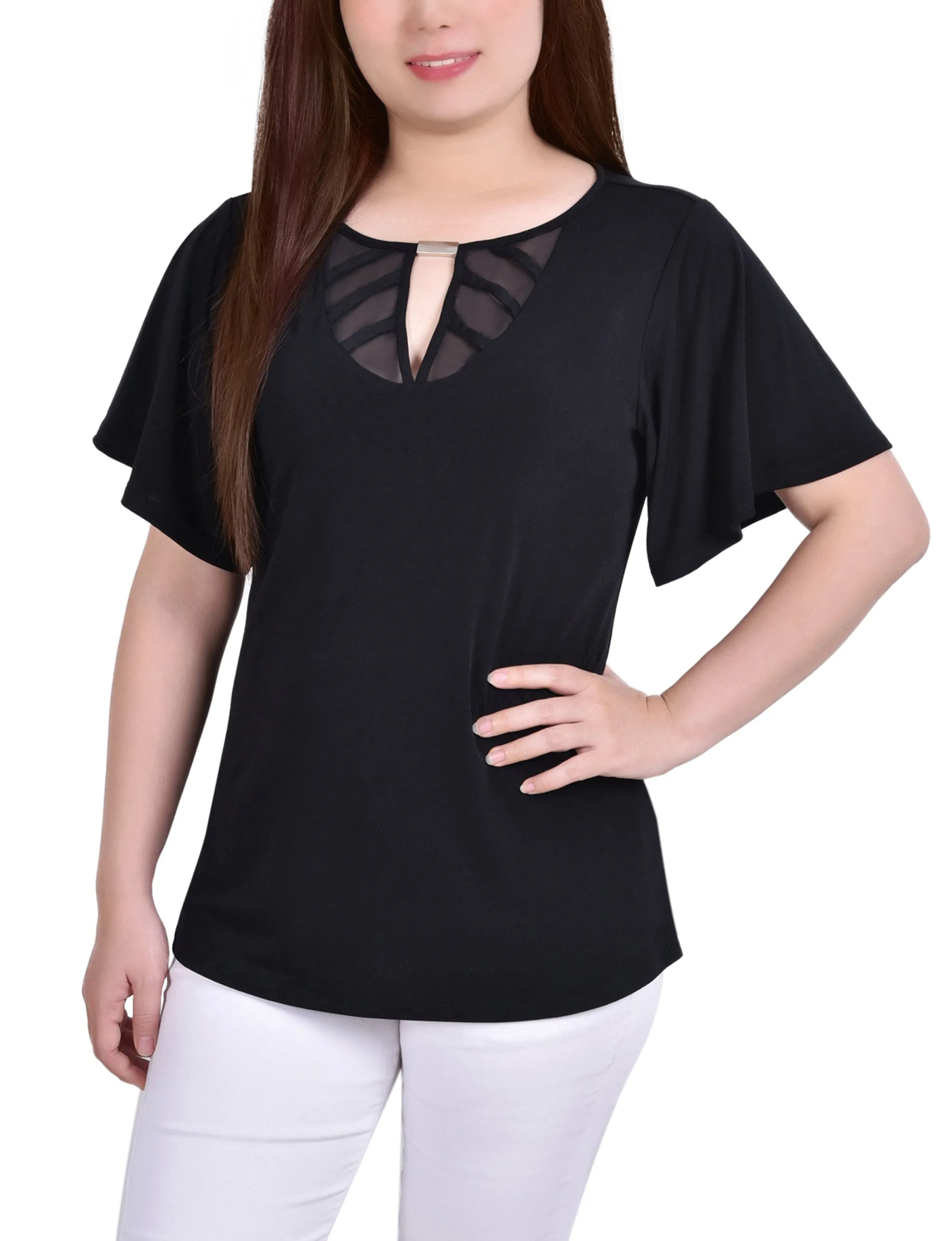 Petite Mesh Flutter Sleeve Knit Top