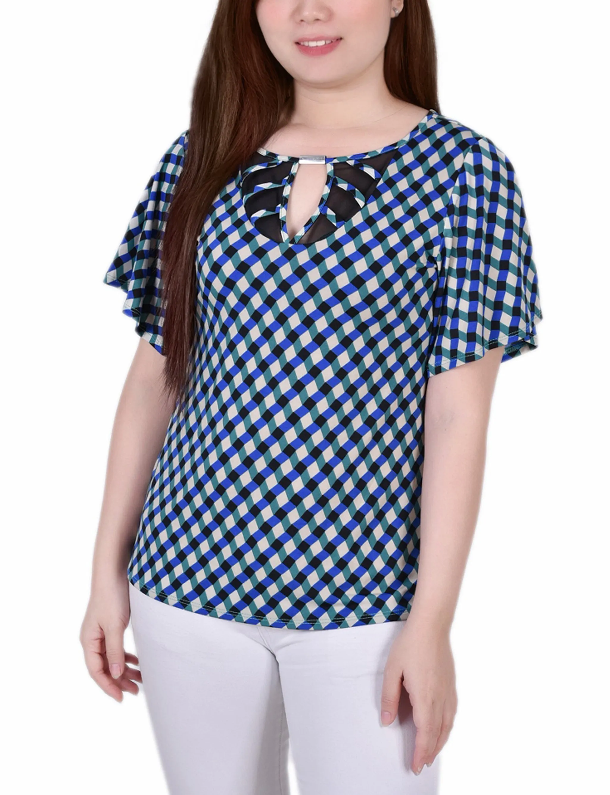 Petite Mesh Flutter Sleeve Knit Top