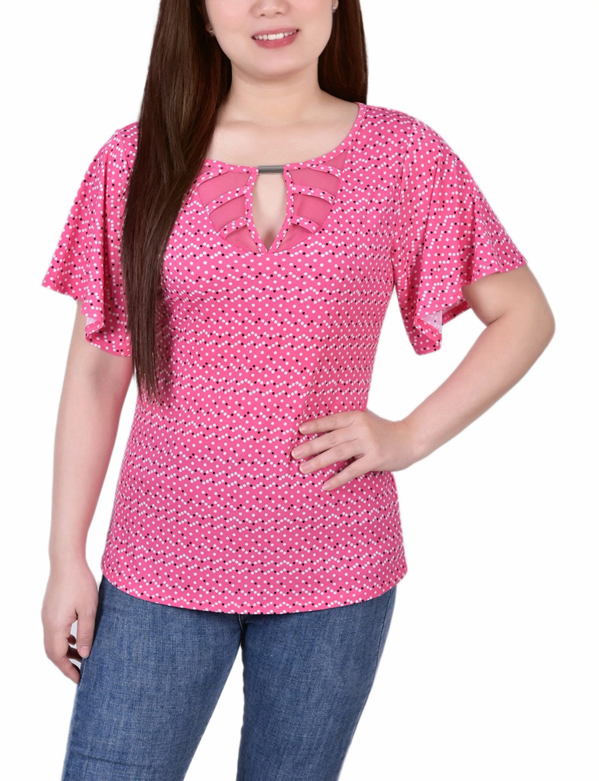 Petite Mesh Flutter Sleeve Knit Top