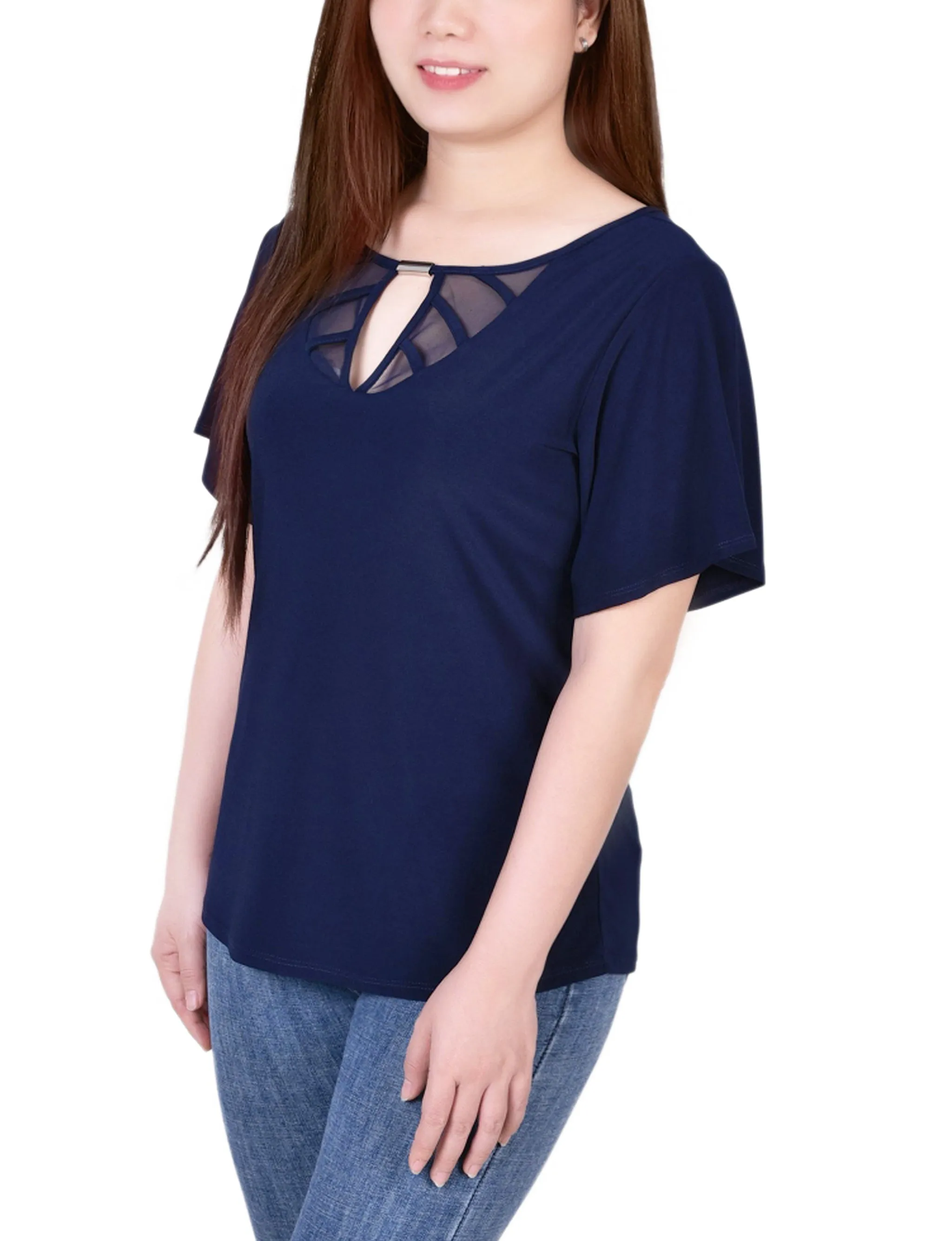 Petite Mesh Flutter Sleeve Knit Top
