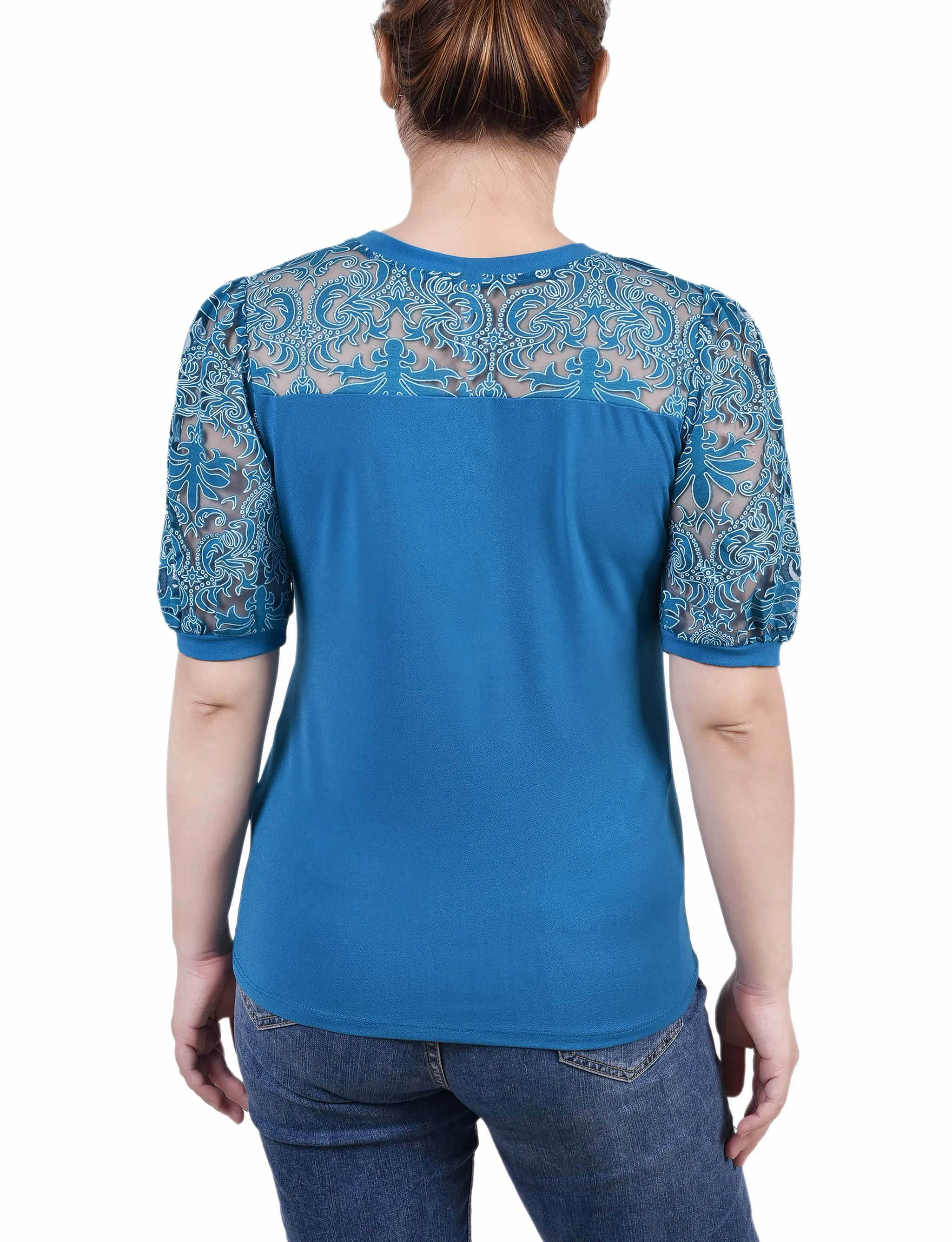 Petite Puff Lace-Sleeve Top