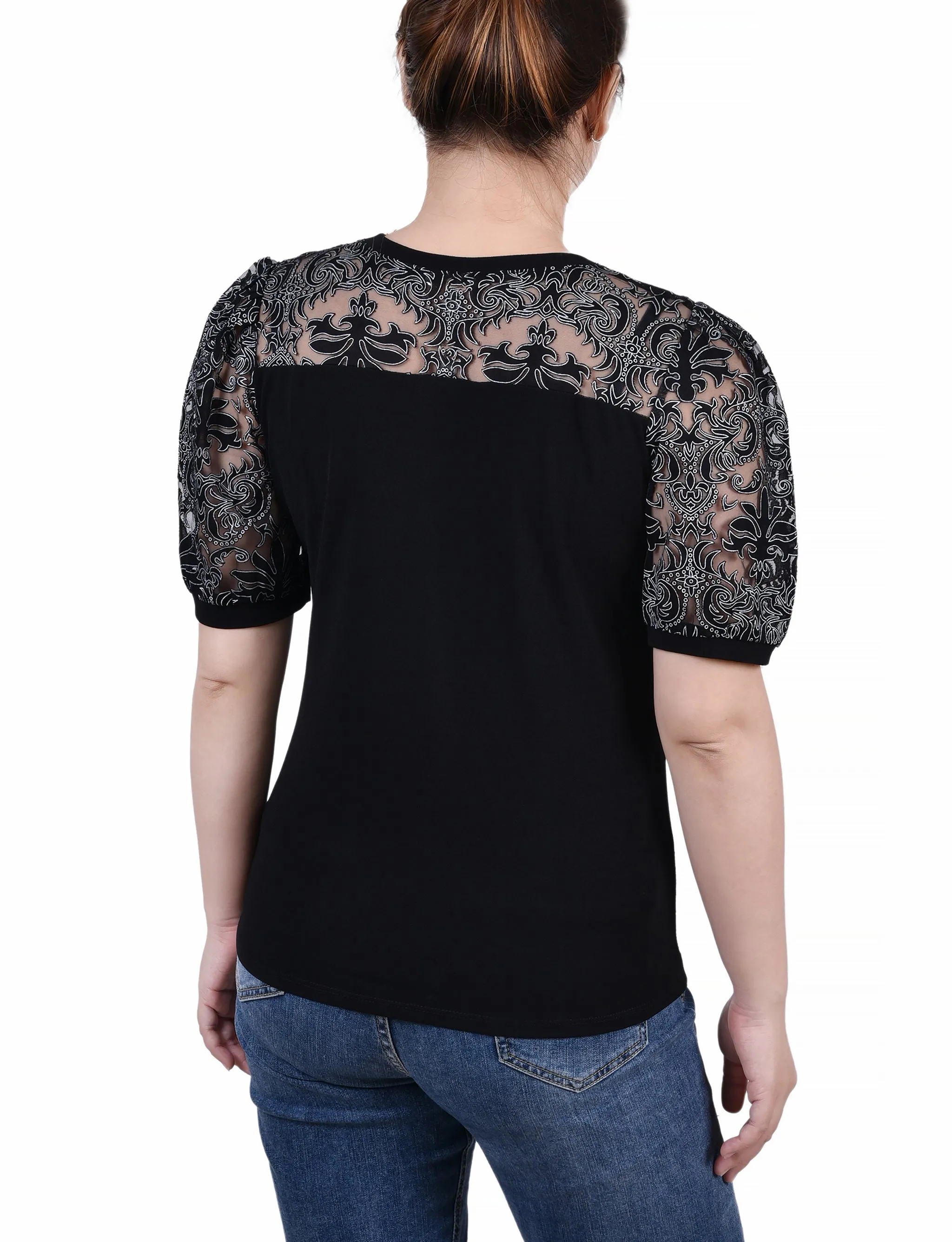 Petite Puff Lace-Sleeve Top