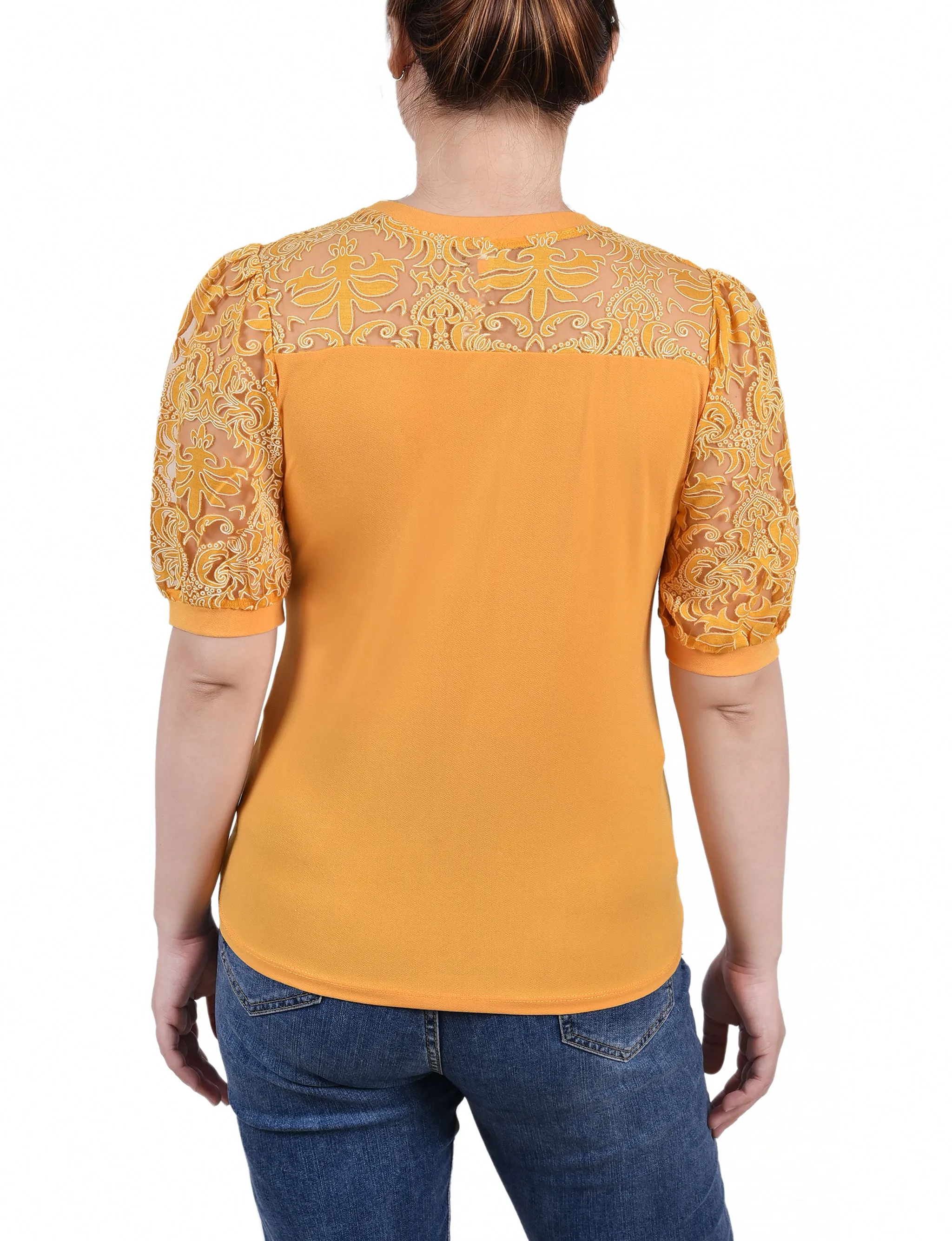 Petite Puff Lace-Sleeve Top
