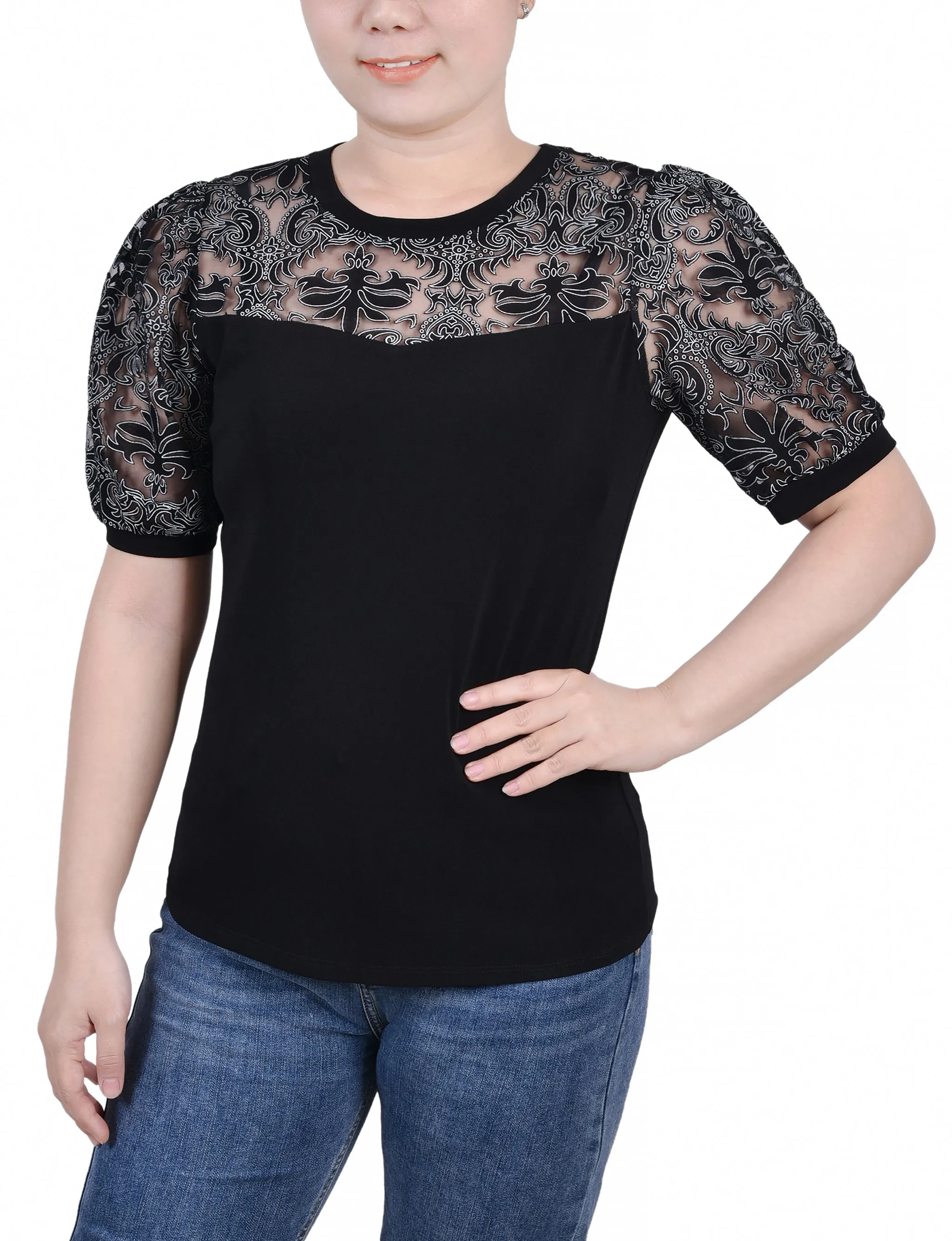 Petite Puff Lace-Sleeve Top