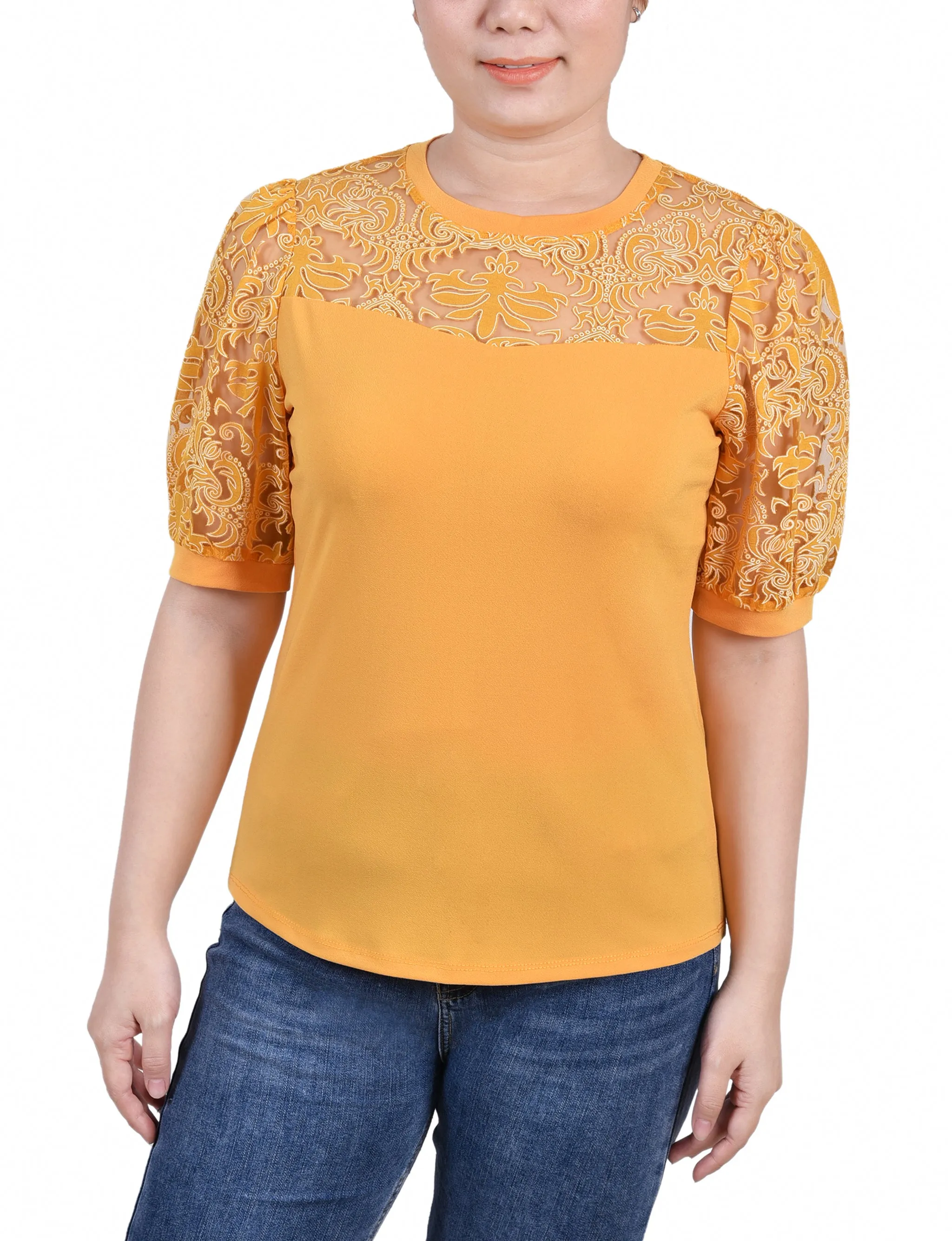 Petite Puff Lace-Sleeve Top