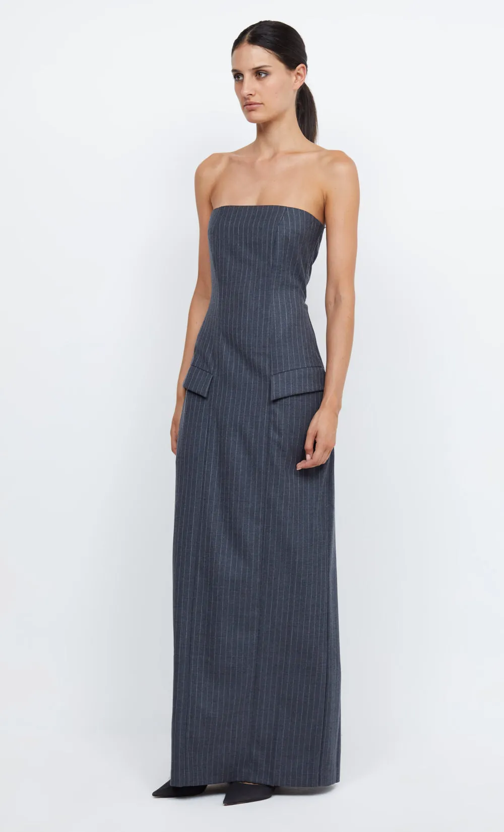 PINE STRAPLESS MAXI DRESS - CHARCOAL PINSTRIPE