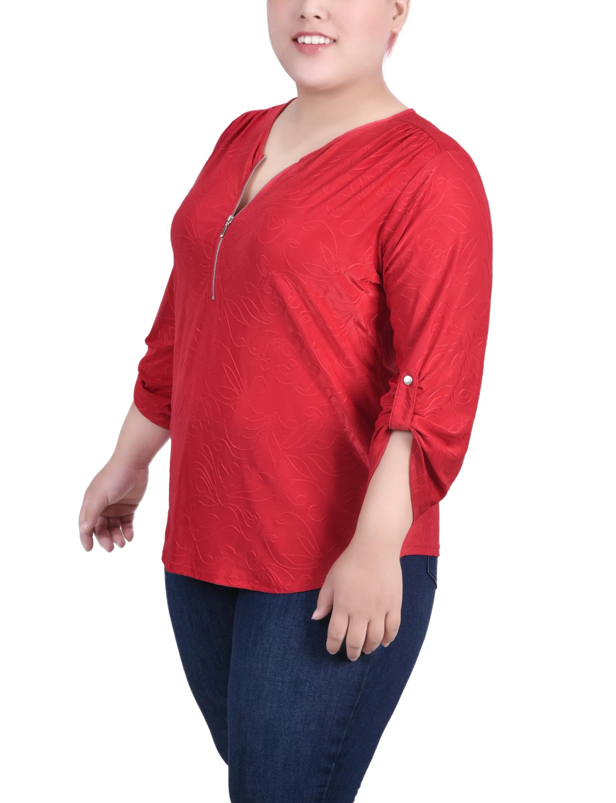 Plus Size 3/4 Roll Tab Zip Front Jacquard Knit Top