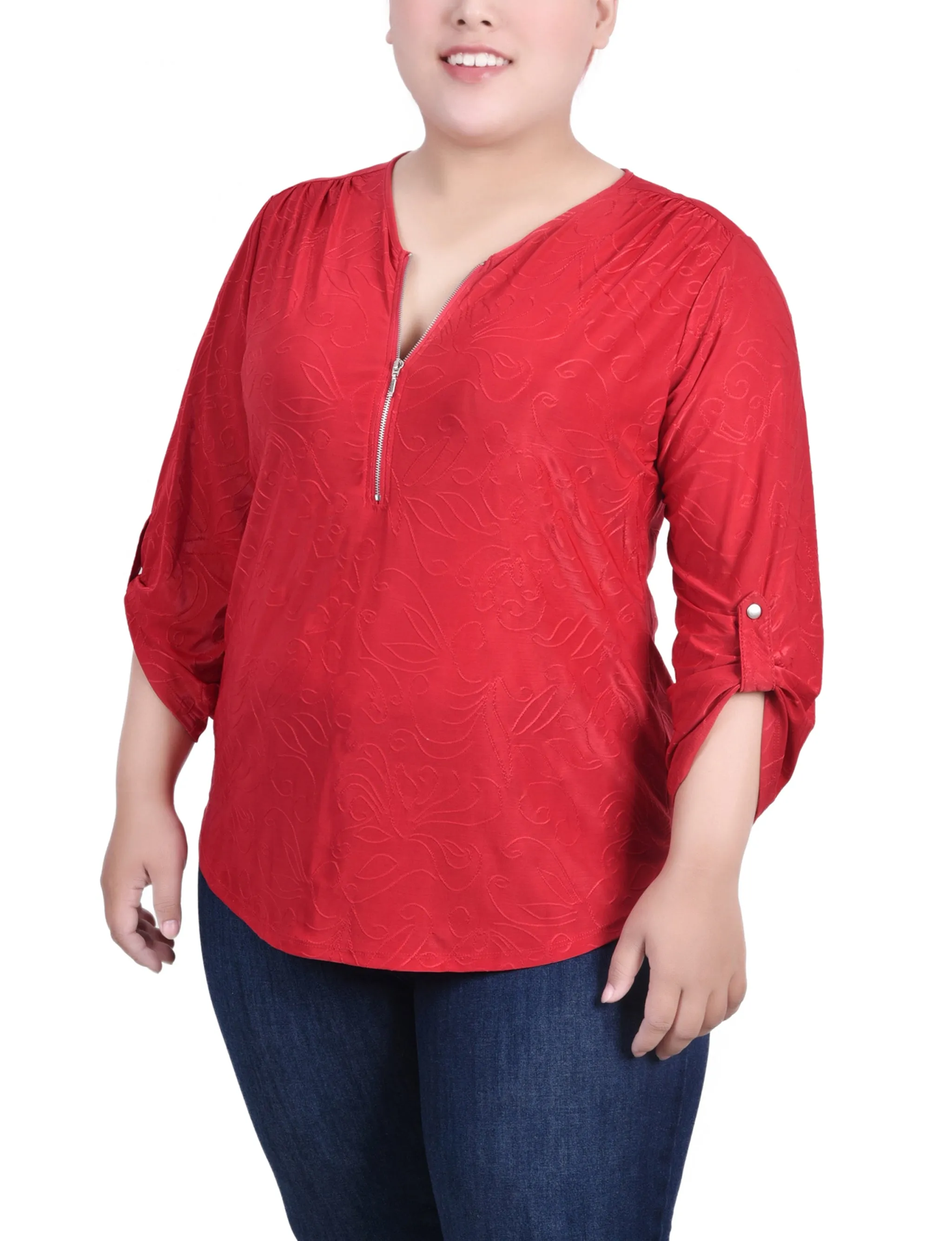 Plus Size 3/4 Roll Tab Zip Front Jacquard Knit Top