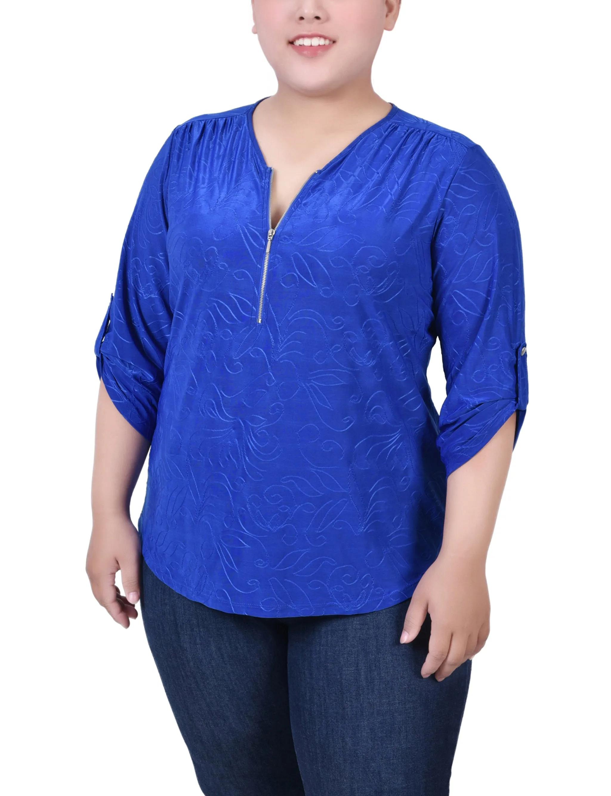 Plus Size 3/4 Roll Tab Zip Front Jacquard Knit Top