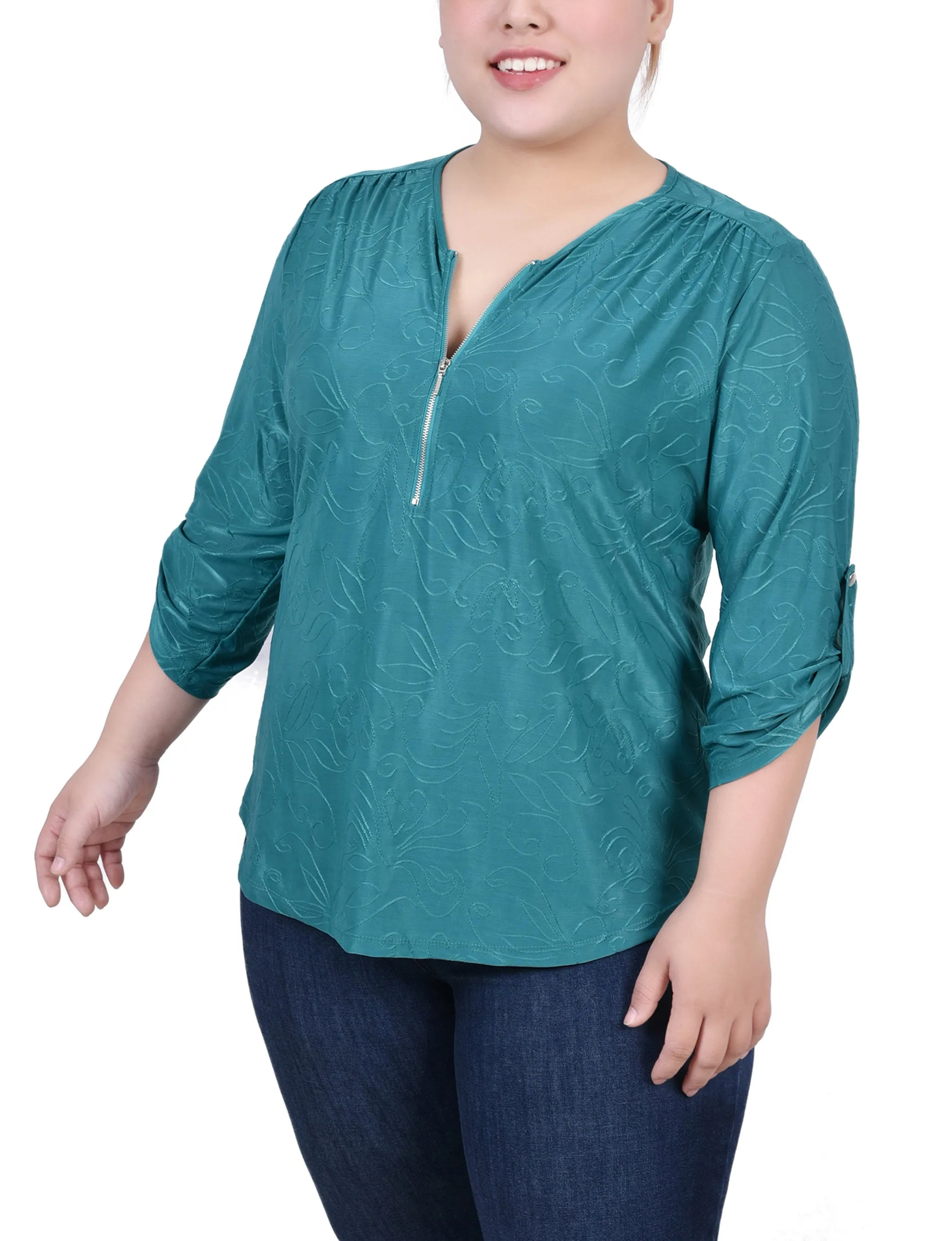 Plus Size 3/4 Roll Tab Zip Front Jacquard Knit Top