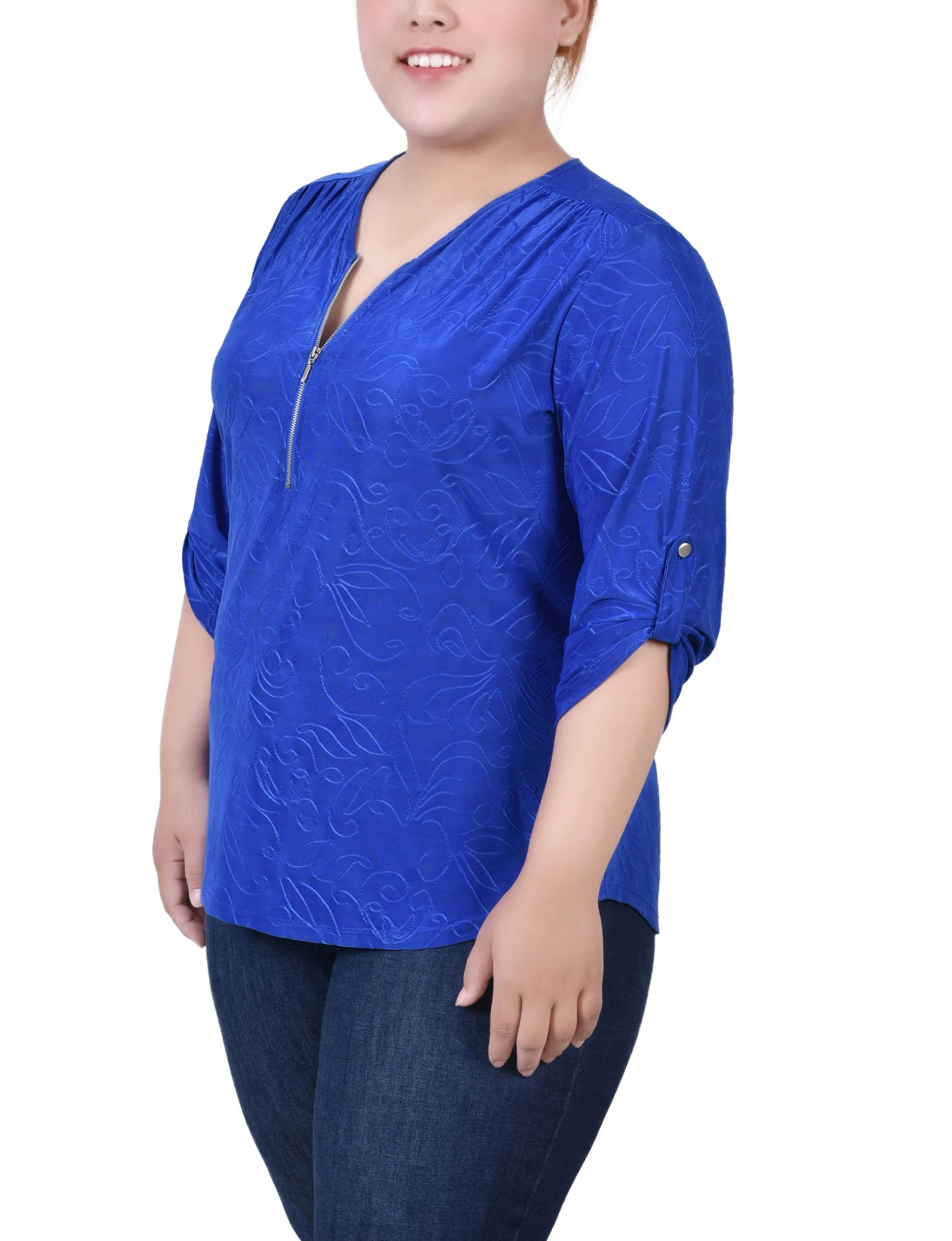 Plus Size 3/4 Roll Tab Zip Front Jacquard Knit Top
