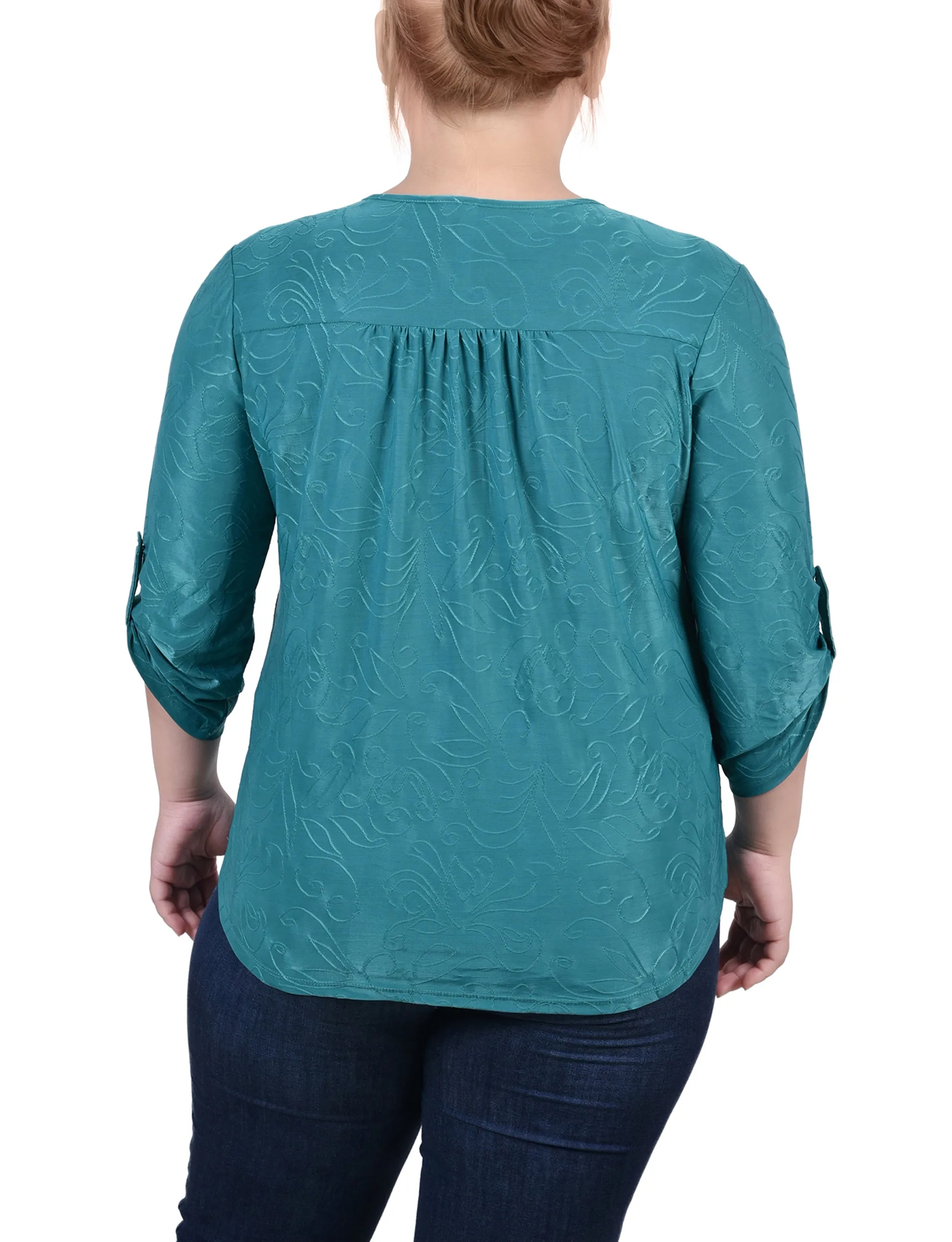 Plus Size 3/4 Roll Tab Zip Front Jacquard Knit Top
