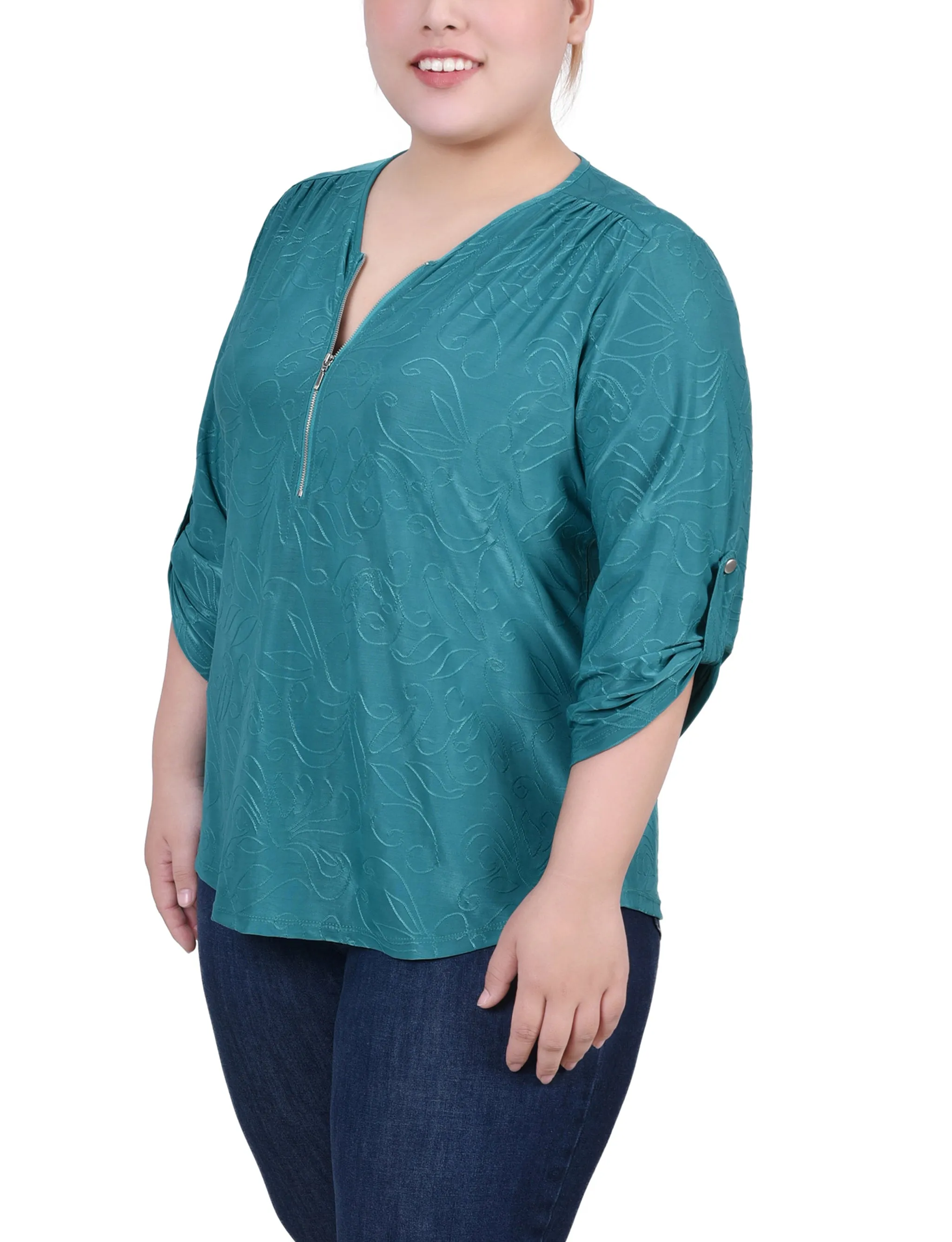 Plus Size 3/4 Roll Tab Zip Front Jacquard Knit Top
