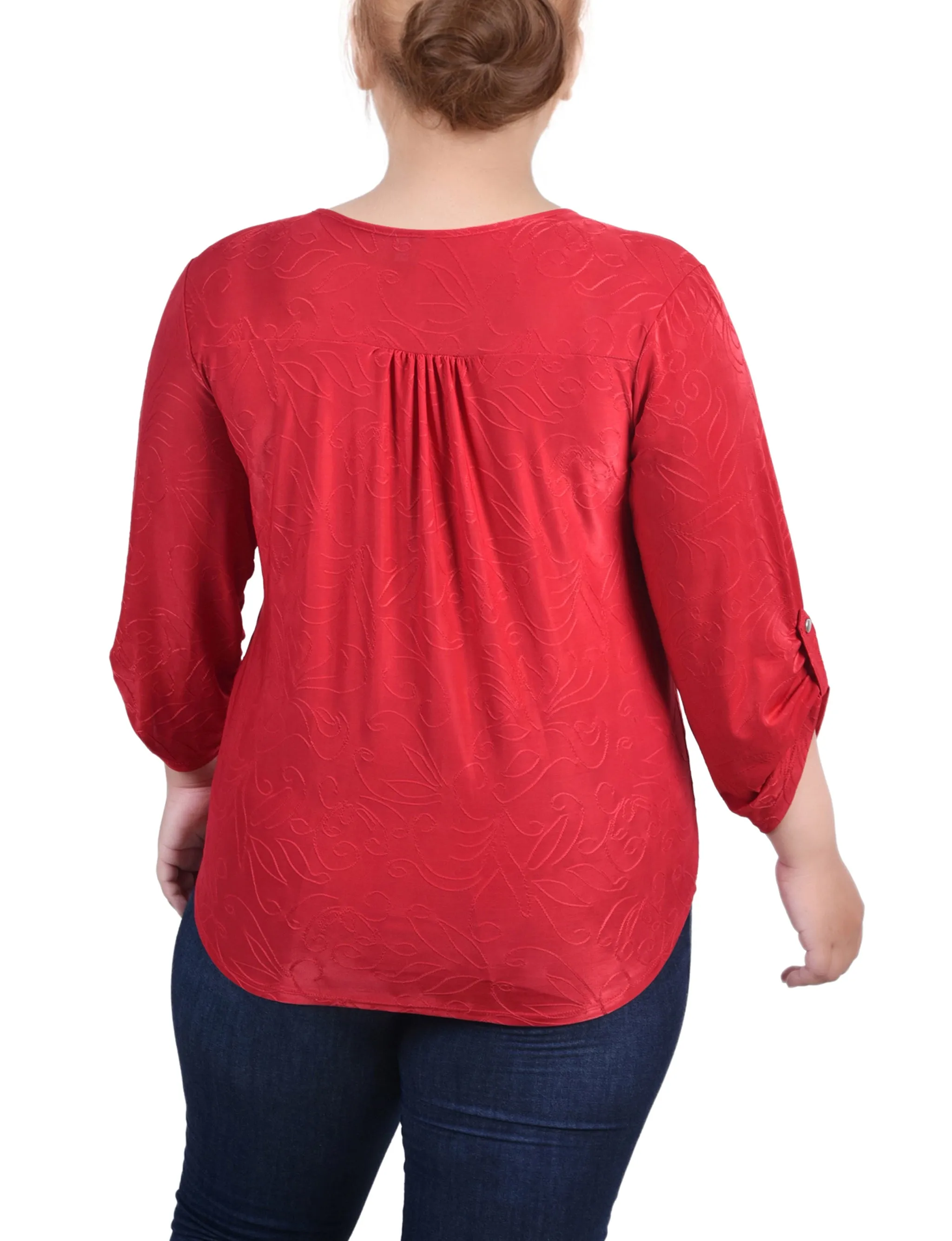 Plus Size 3/4 Roll Tab Zip Front Jacquard Knit Top