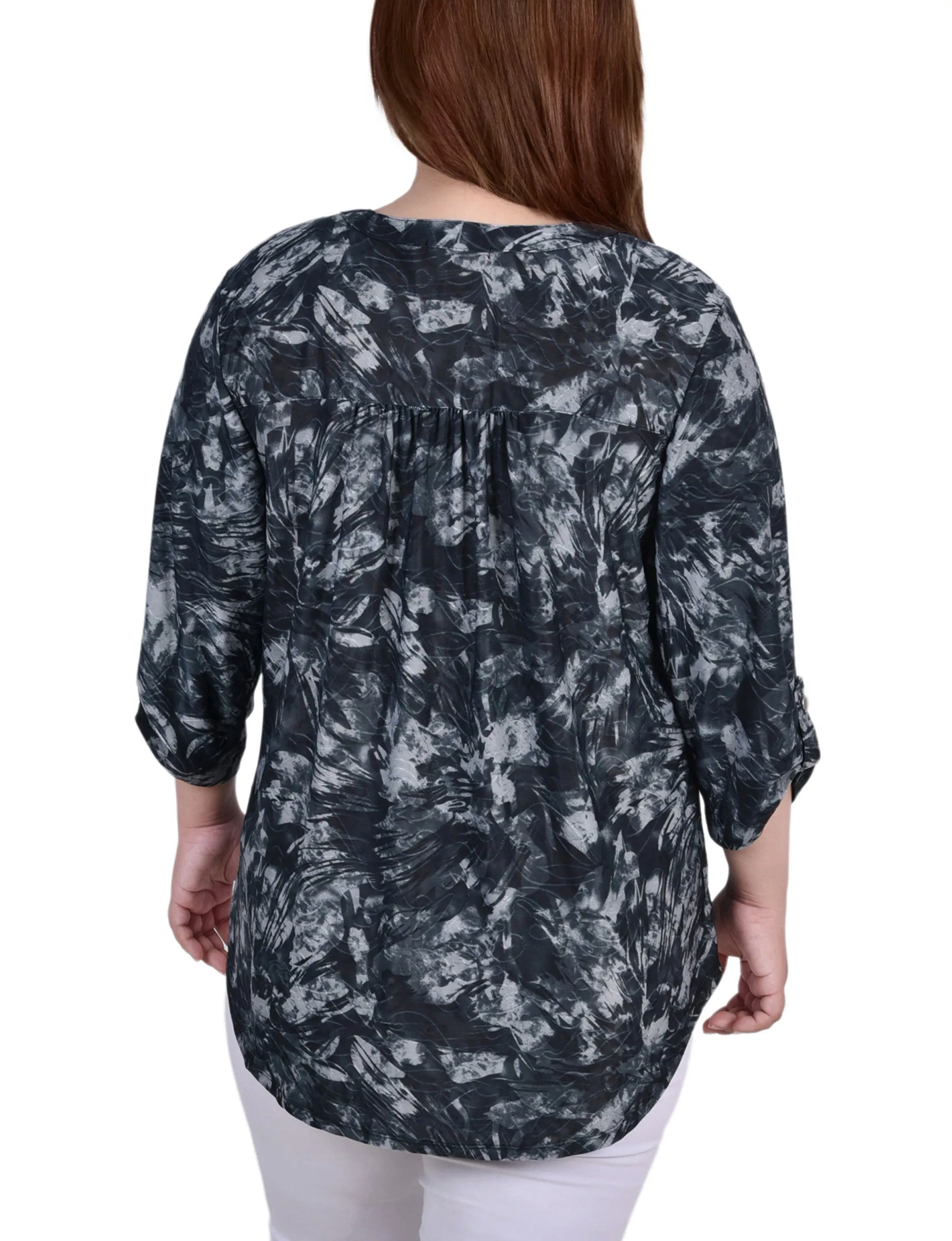Plus Size 3/4 Sleeve Roll Tab Y Neck Pullover Top