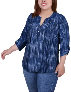 Plus Size 3/4 Sleeve Roll Tab Y Neck Pullover Top