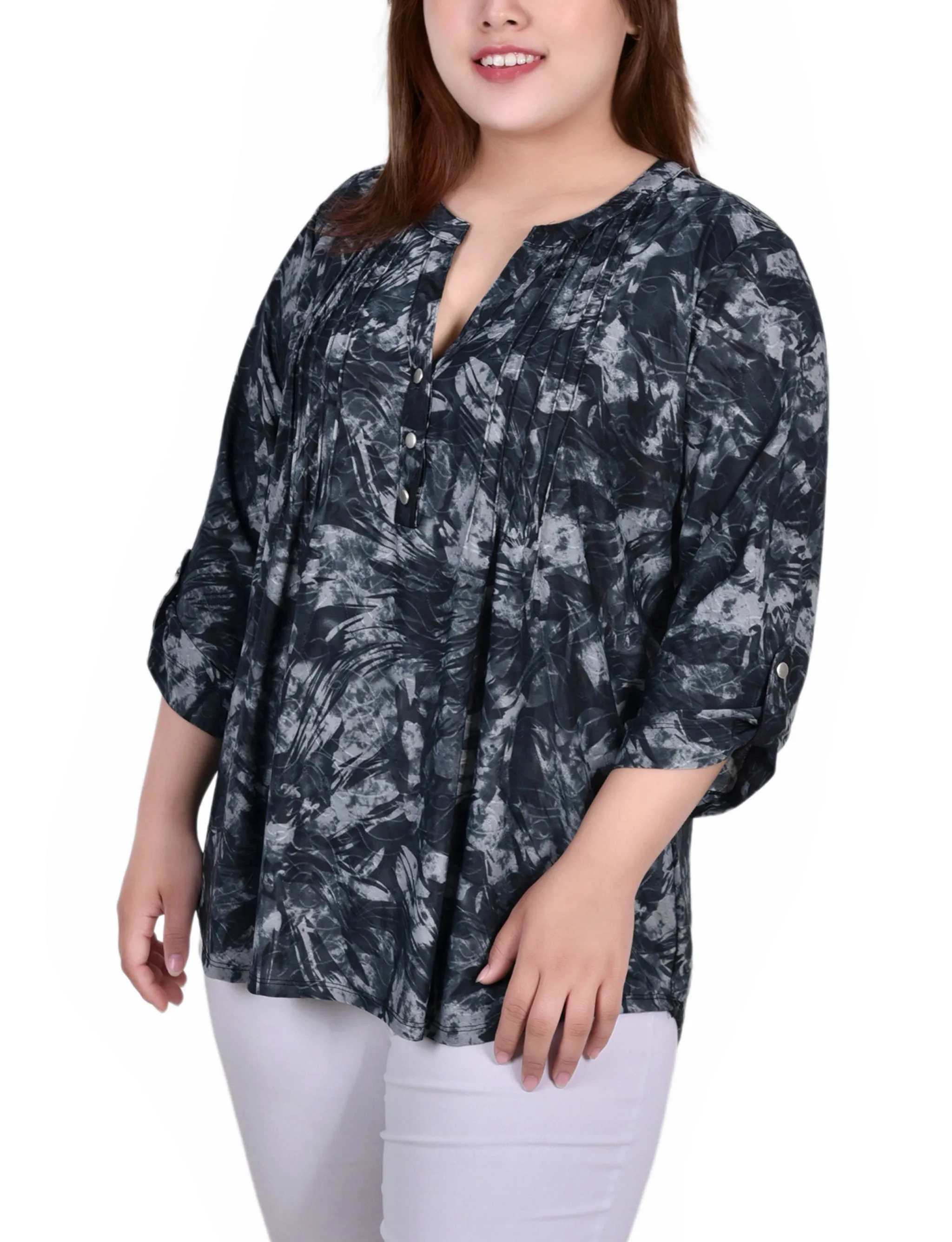 Plus Size 3/4 Sleeve Roll Tab Y Neck Pullover Top