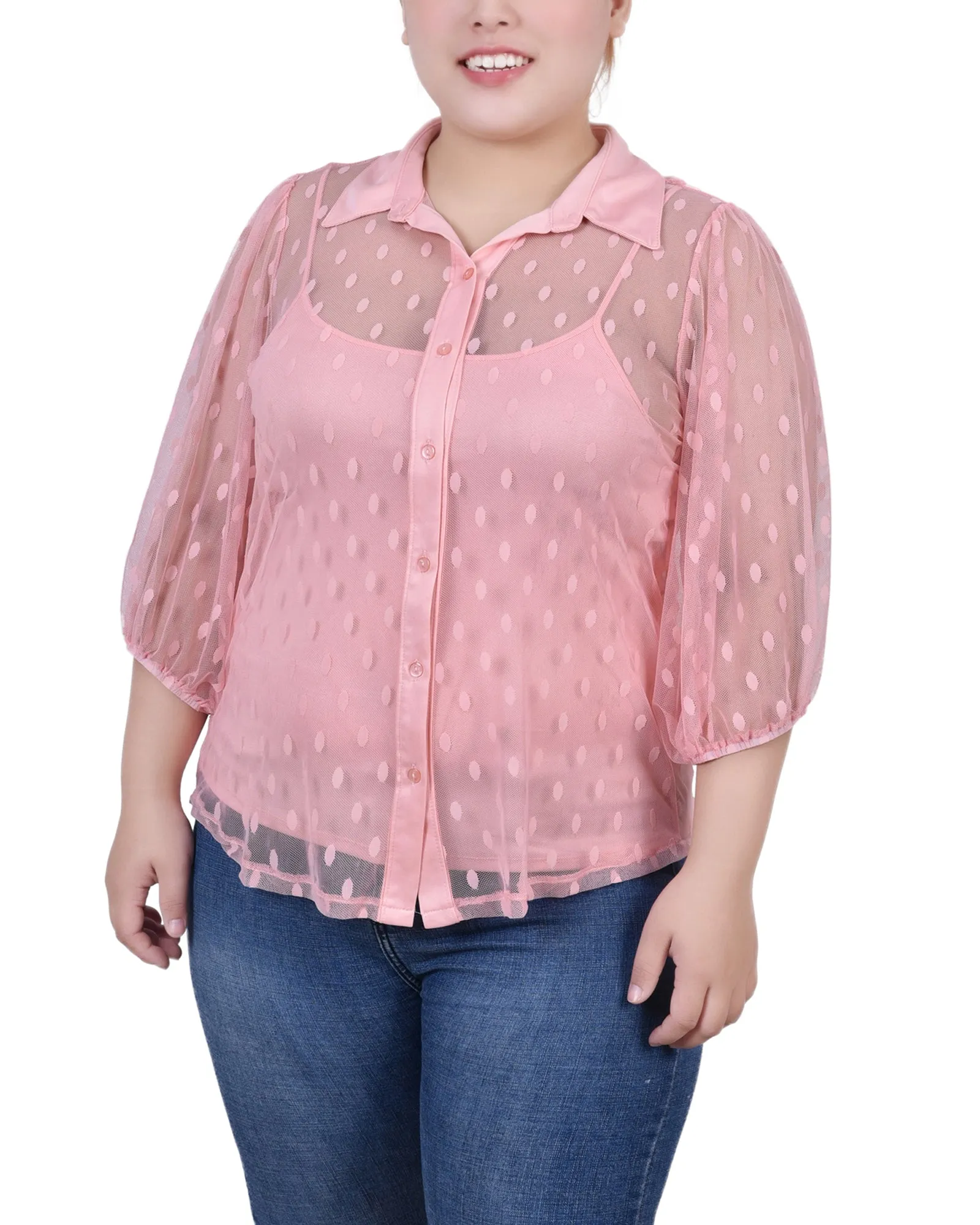 Plus Size Elbow Sleeve Clip Dot Blouse With Camisole