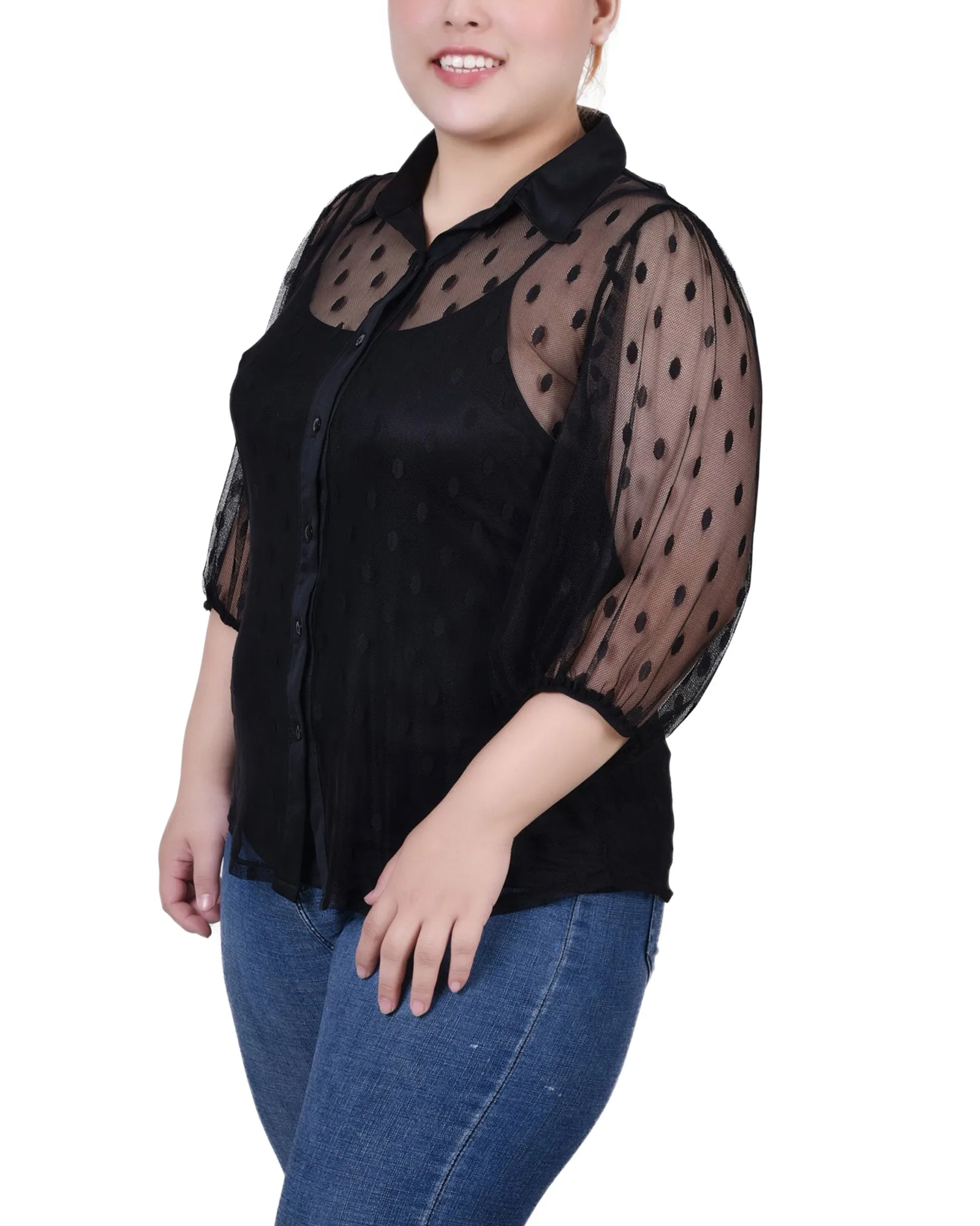 Plus Size Elbow Sleeve Clip Dot Blouse With Camisole