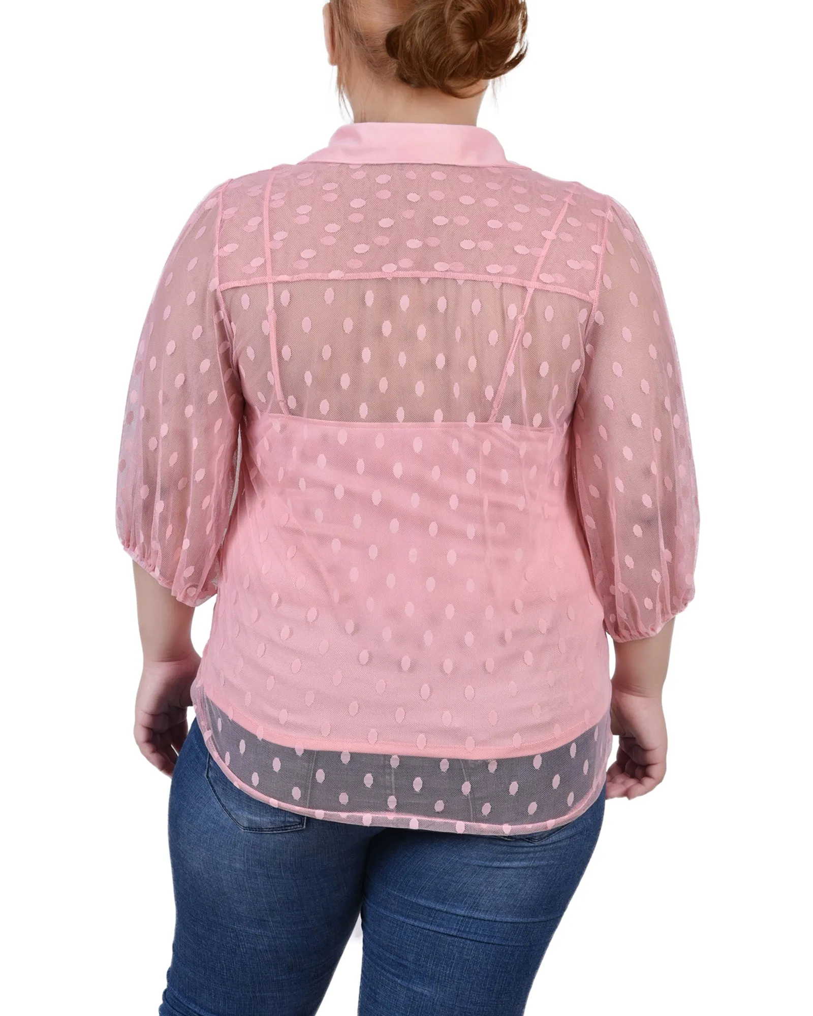 Plus Size Elbow Sleeve Clip Dot Blouse With Camisole