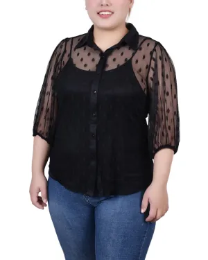 Plus Size Elbow Sleeve Clip Dot Blouse With Camisole