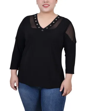 Plus Size Long Sleeve Top With Mesh Insets