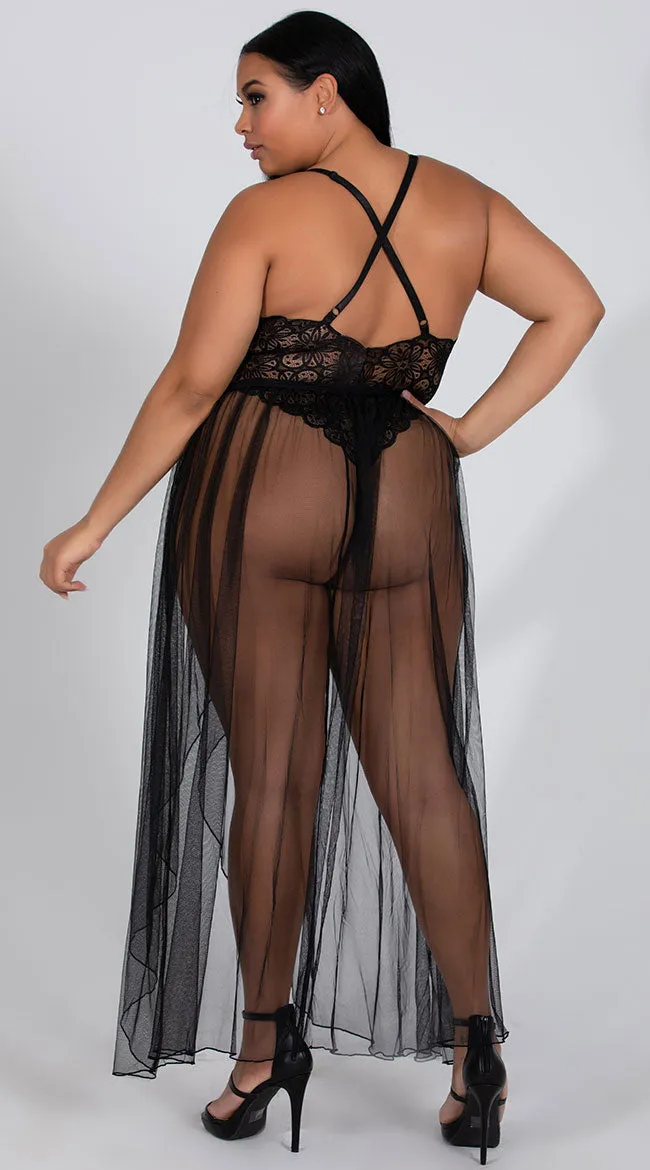 Plus Size Mosaic Lace Teddy and Mesh Skirt
