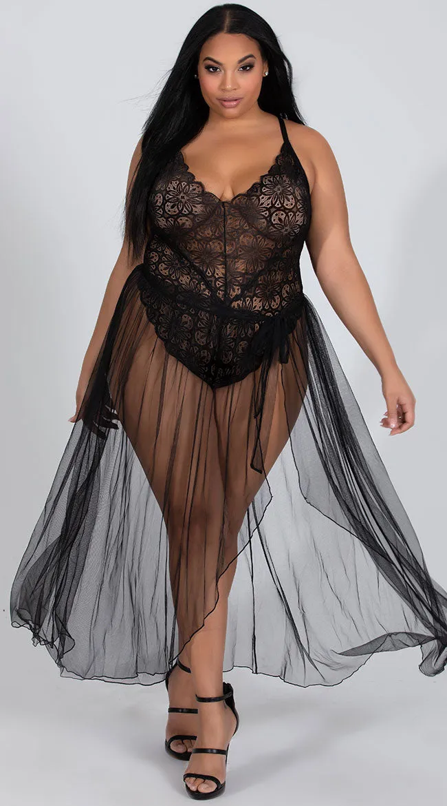 Plus Size Mosaic Lace Teddy and Mesh Skirt