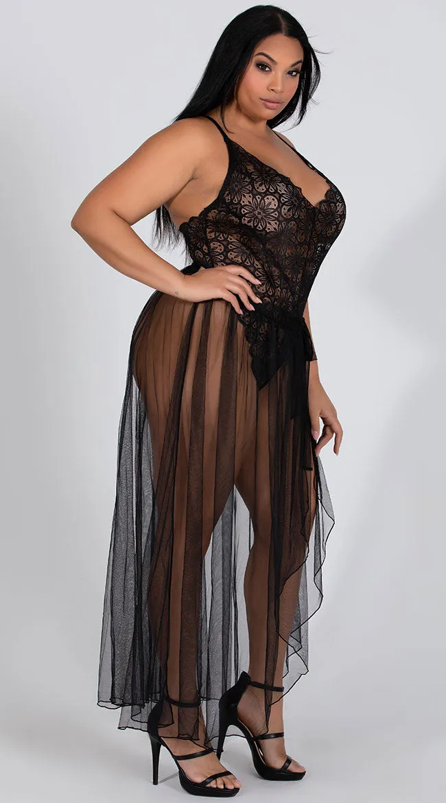 Plus Size Mosaic Lace Teddy and Mesh Skirt