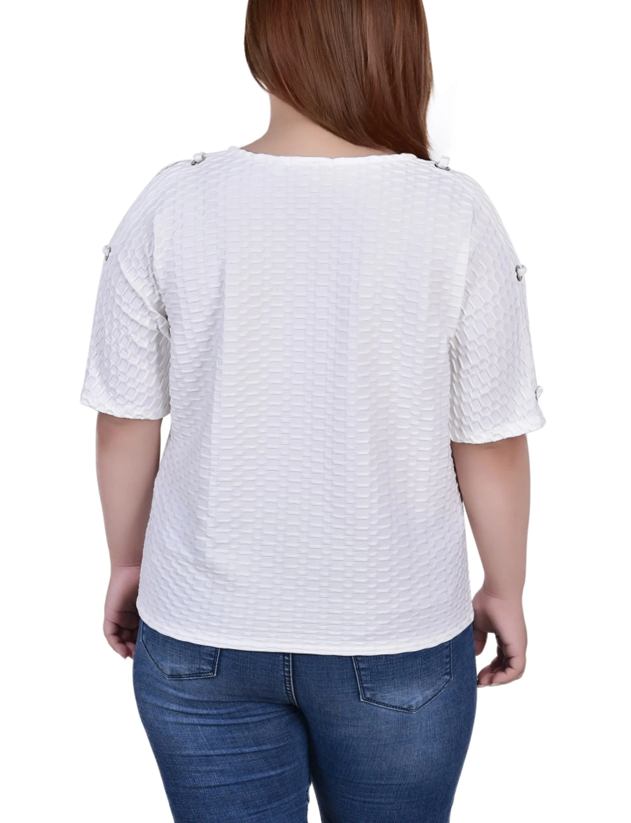 Plus Size Short Sleeve Honeycomb Textured Grommet Top