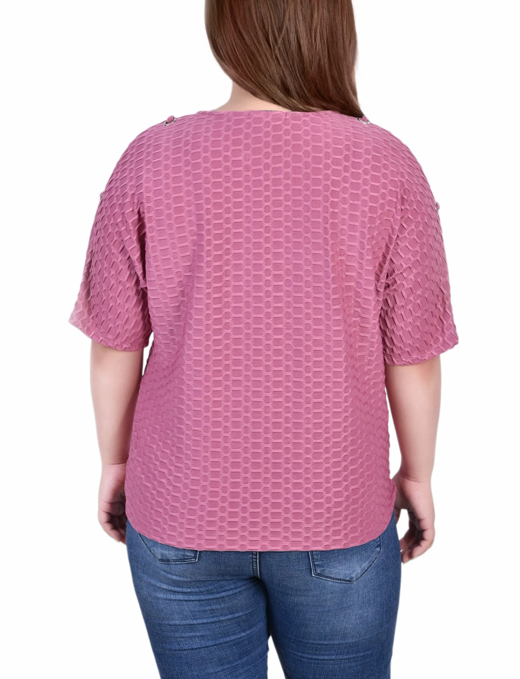 Plus Size Short Sleeve Honeycomb Textured Grommet Top