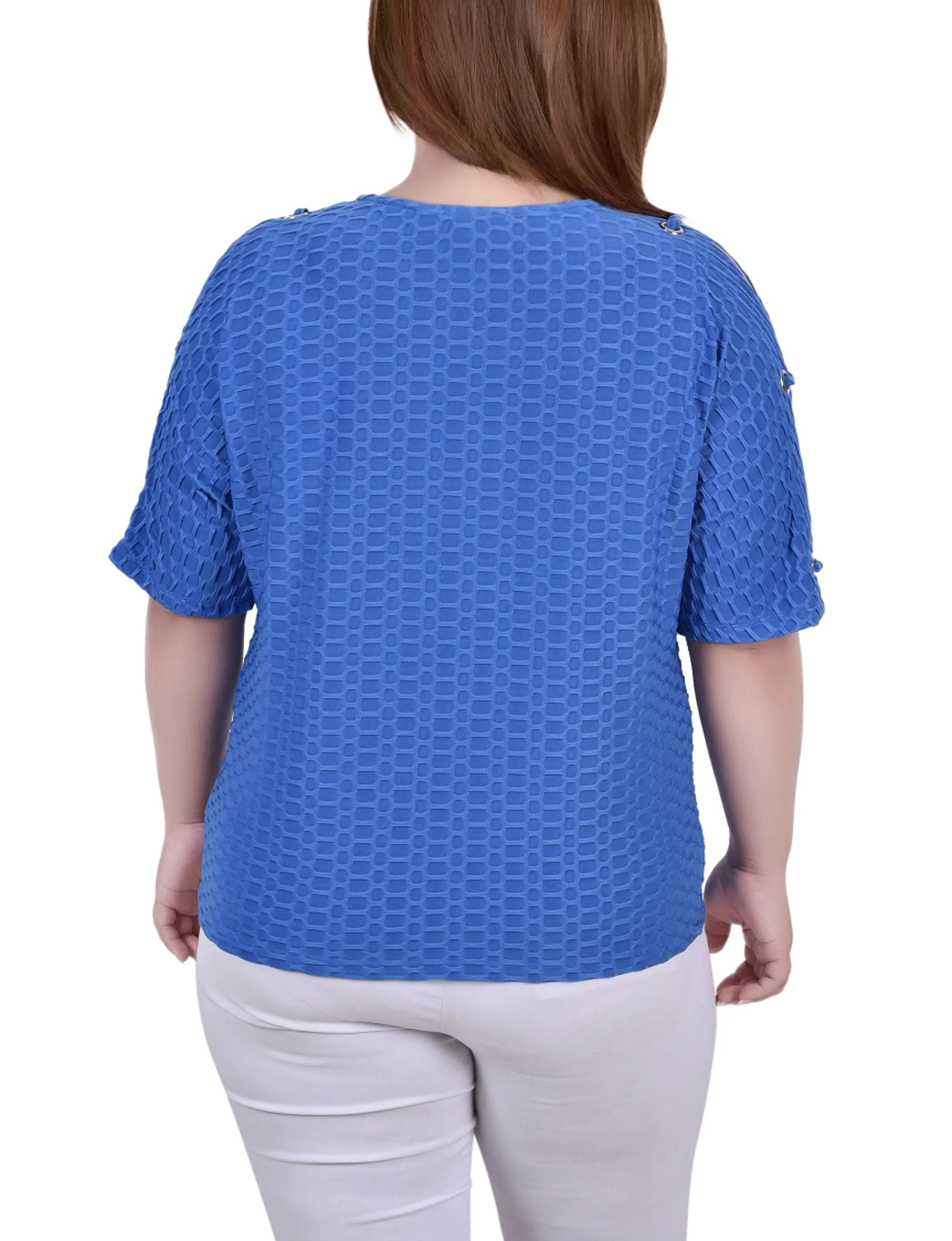 Plus Size Short Sleeve Honeycomb Textured Grommet Top