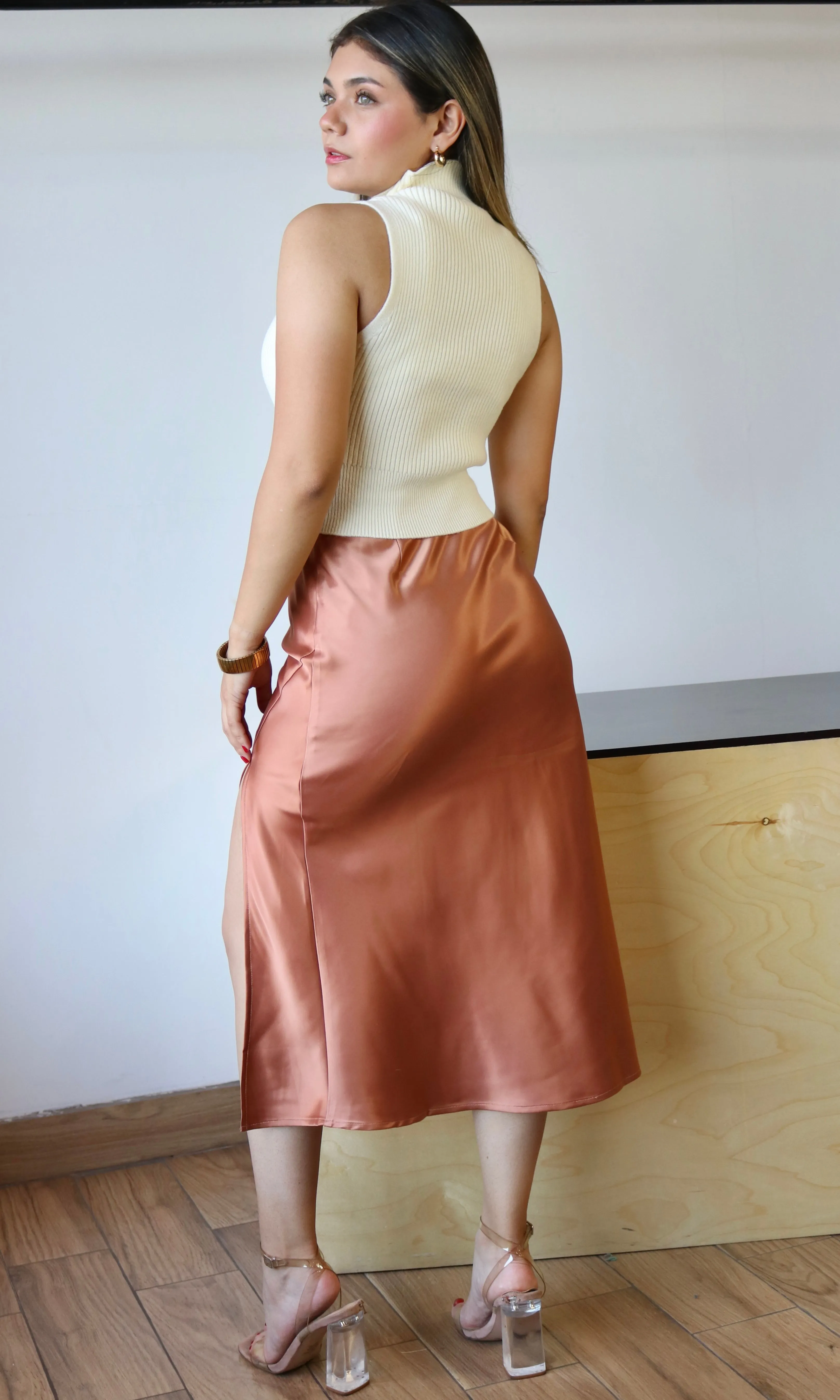 Ribbed High Neck Sleeveless Knit Crop Top