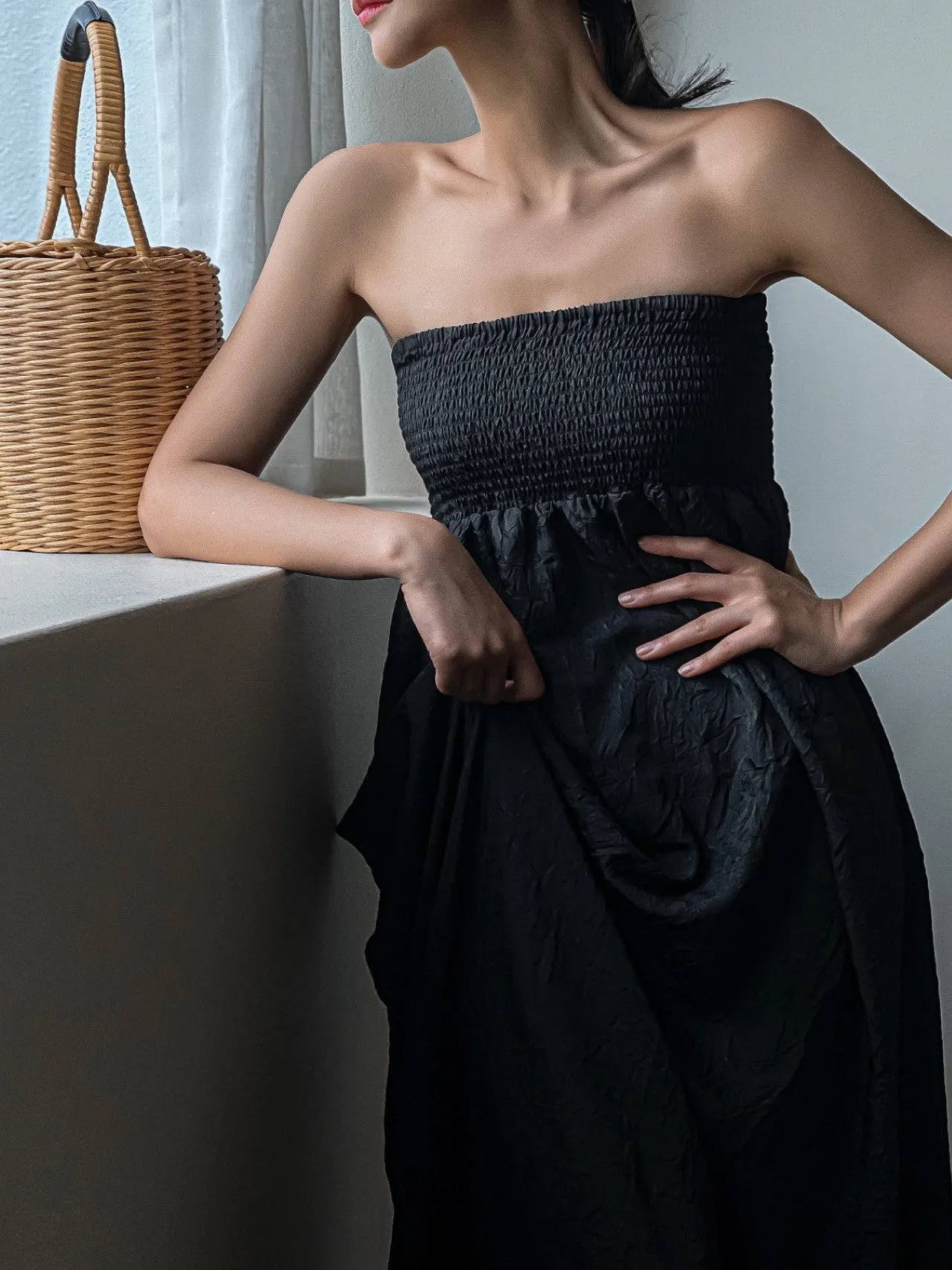 SMOCKED WRINKLE SATIN MAXI DRESS