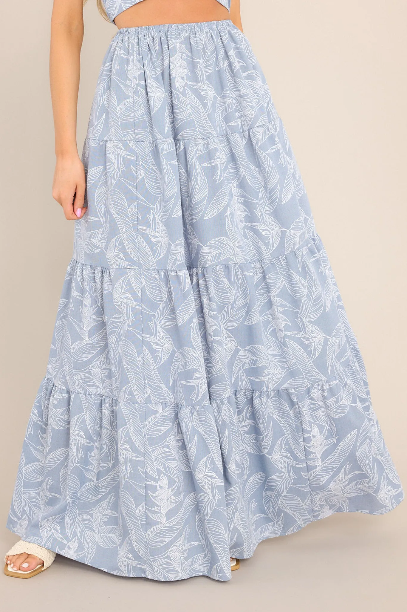 Staycation Ash Blue Tropical Print Maxi Skirt