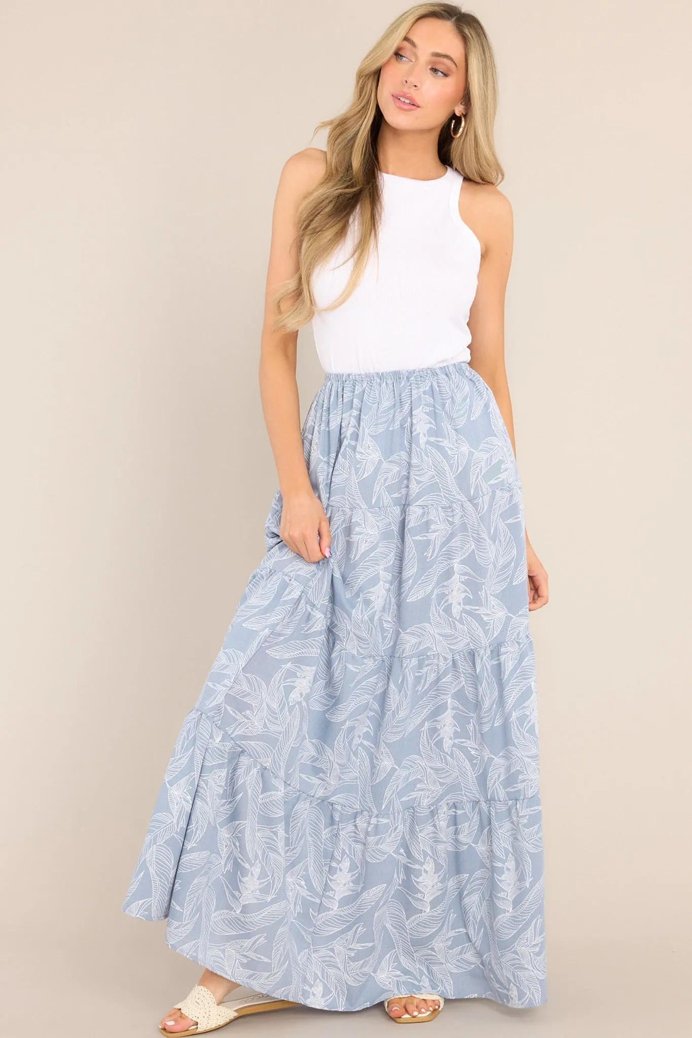 Staycation Ash Blue Tropical Print Maxi Skirt