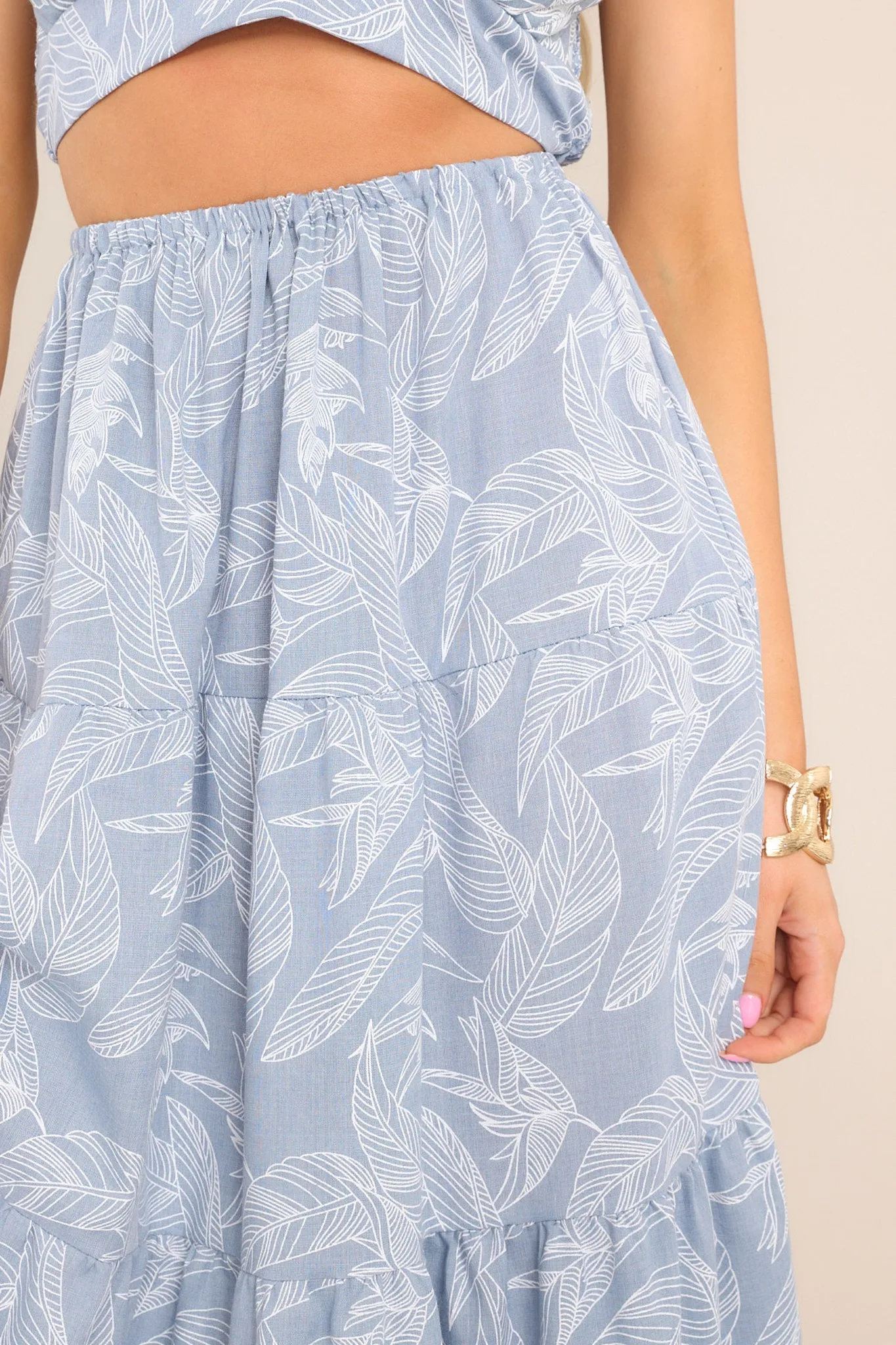 Staycation Ash Blue Tropical Print Maxi Skirt